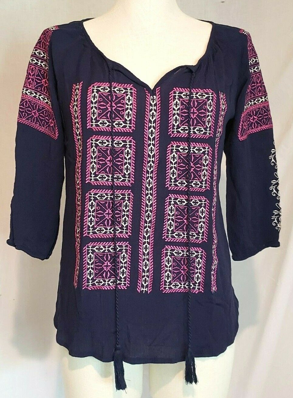 Solitaire Blouse Embroidered 3/4 Sleeve Tassels Hippie Boho Peasant Gypsy size S