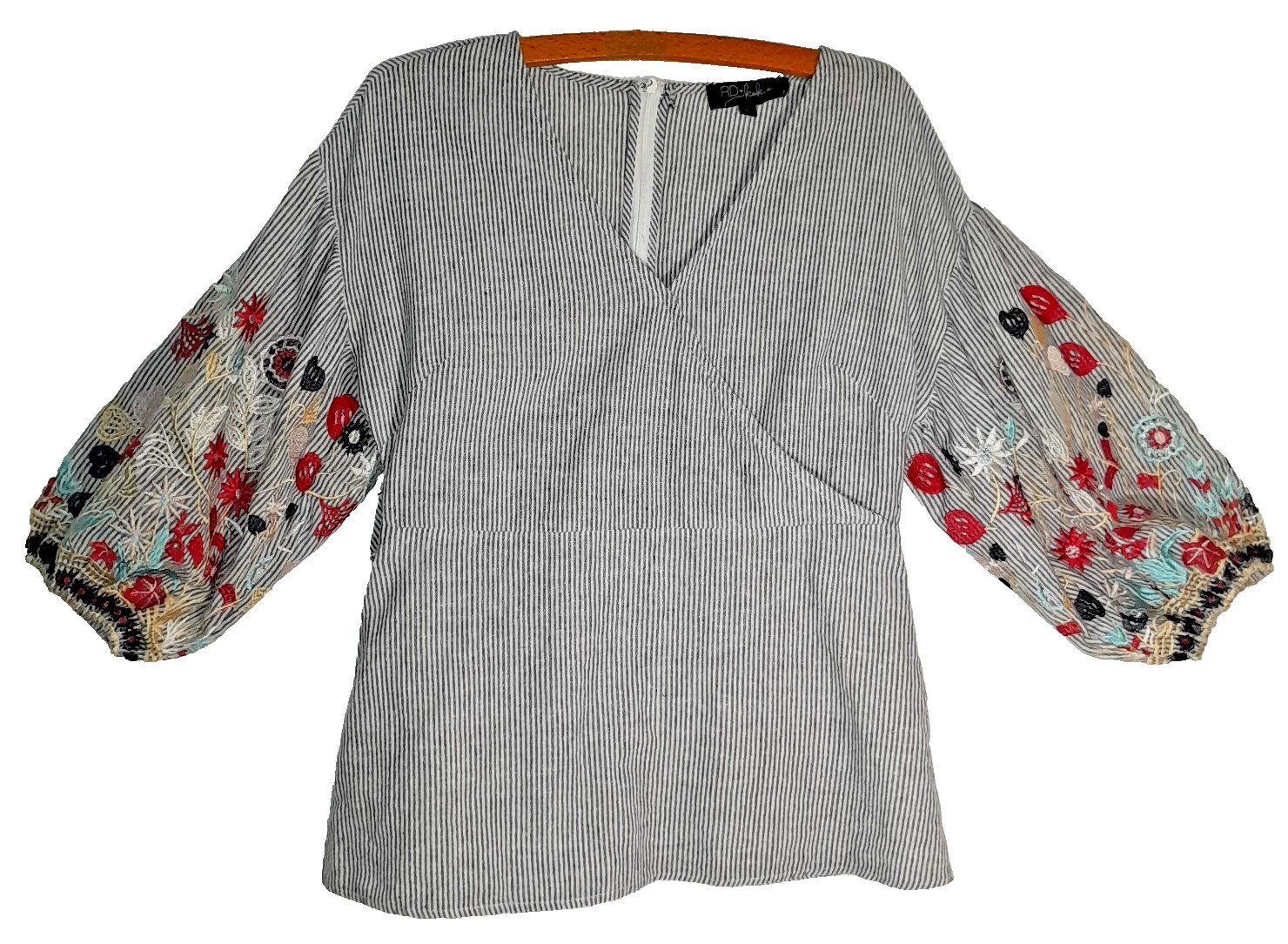 RD & KOKO Shirt Womens L Floral Embroidered Balloon Sleeve Pinstripe Fabric