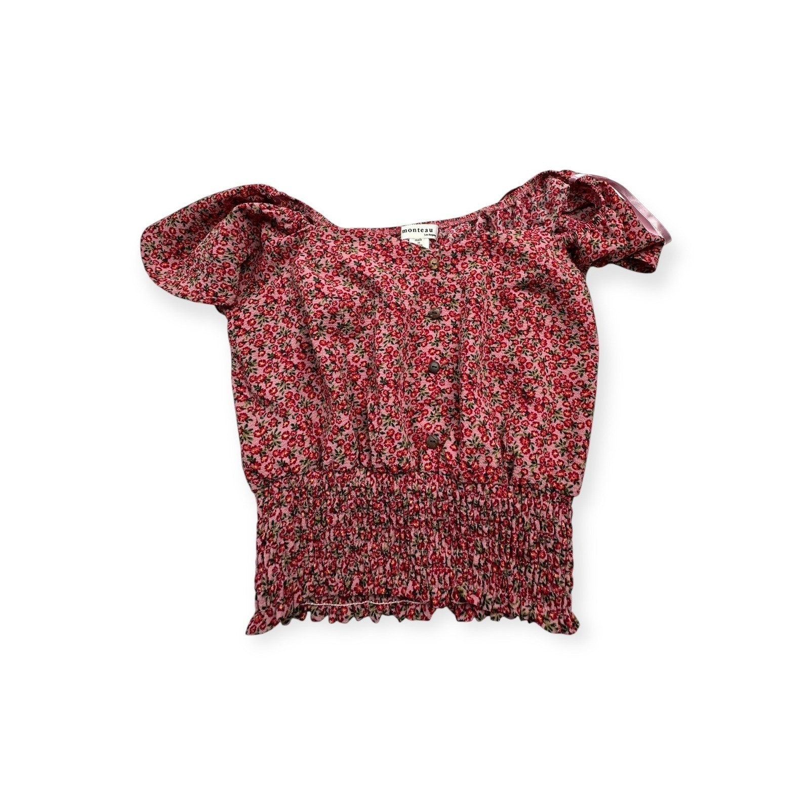 Monteau Los Angeles Pink Floral Smocked Crop Top Short Sleeve Blouse Small