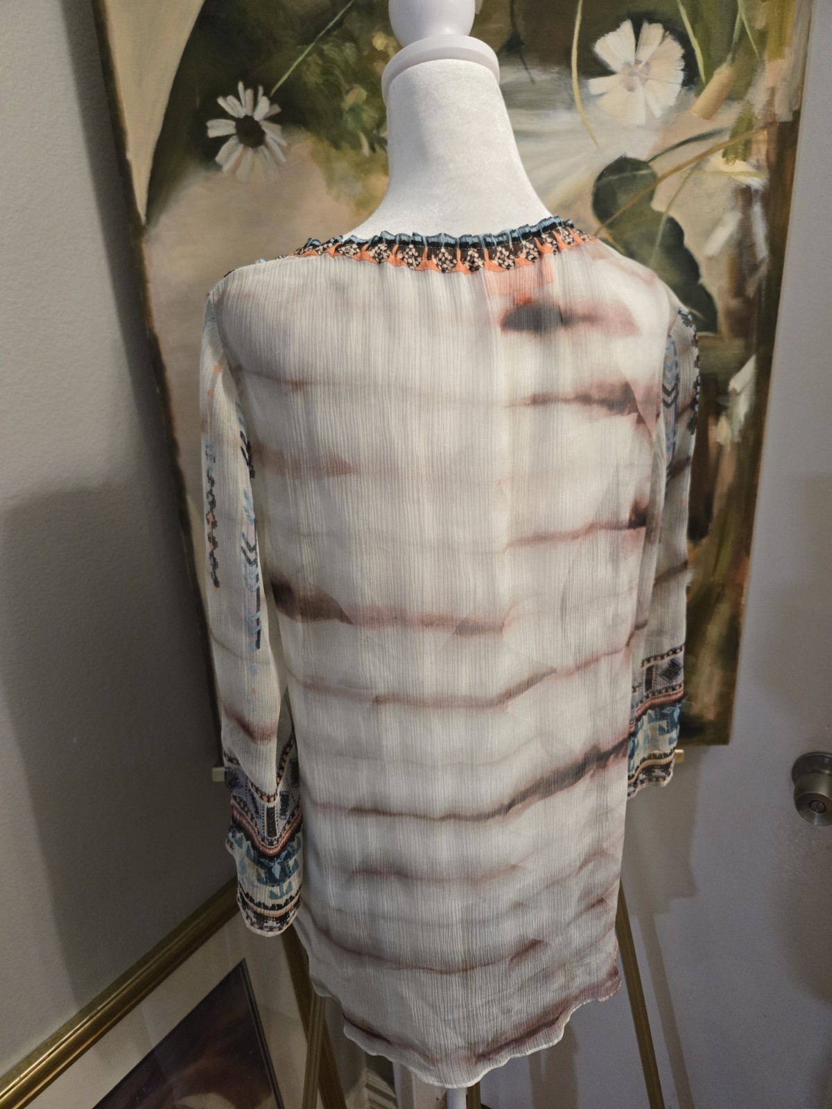 Hale Bob Women’s Wearable Art Silk Crinkle Chiffon Beaded Detail Blouse Size M