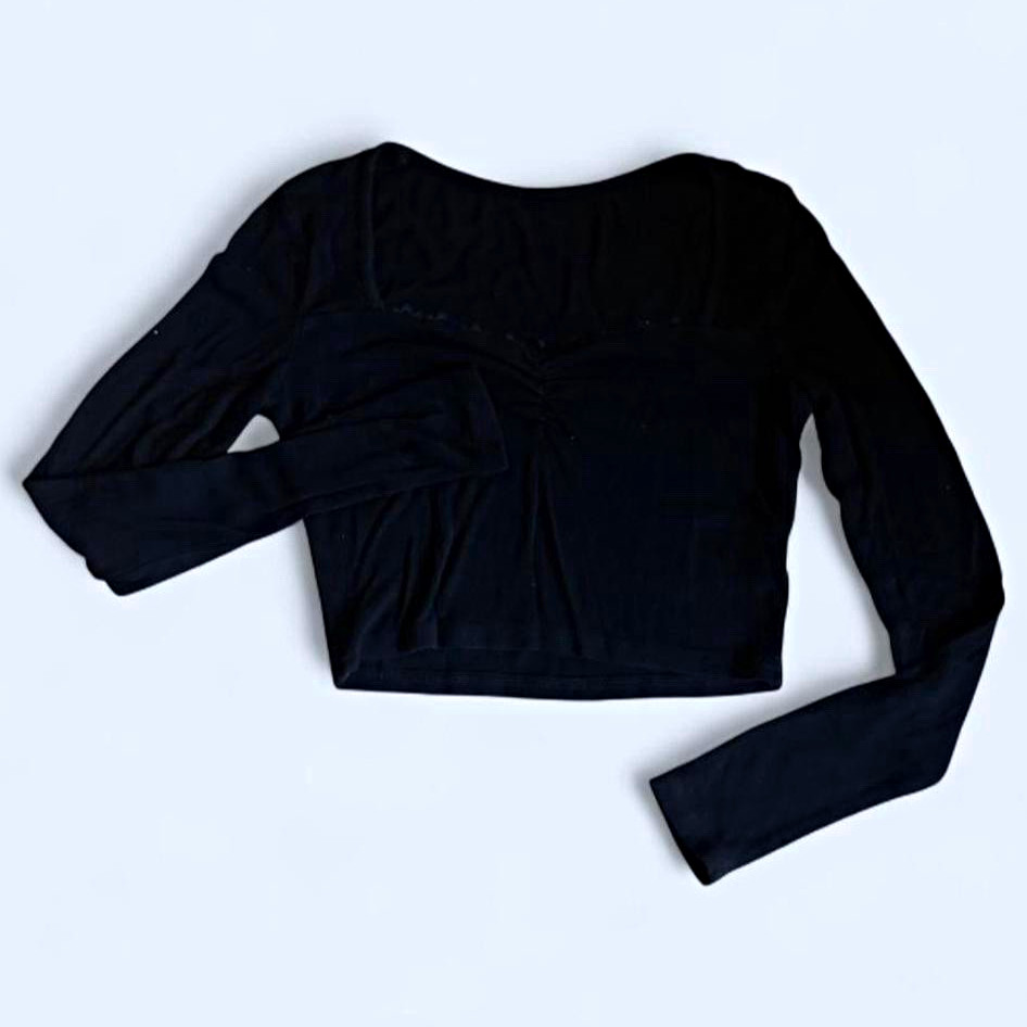 Women’s Black Solid Knit Square Neck Ruched Cropped Long Sleeve Top Size S