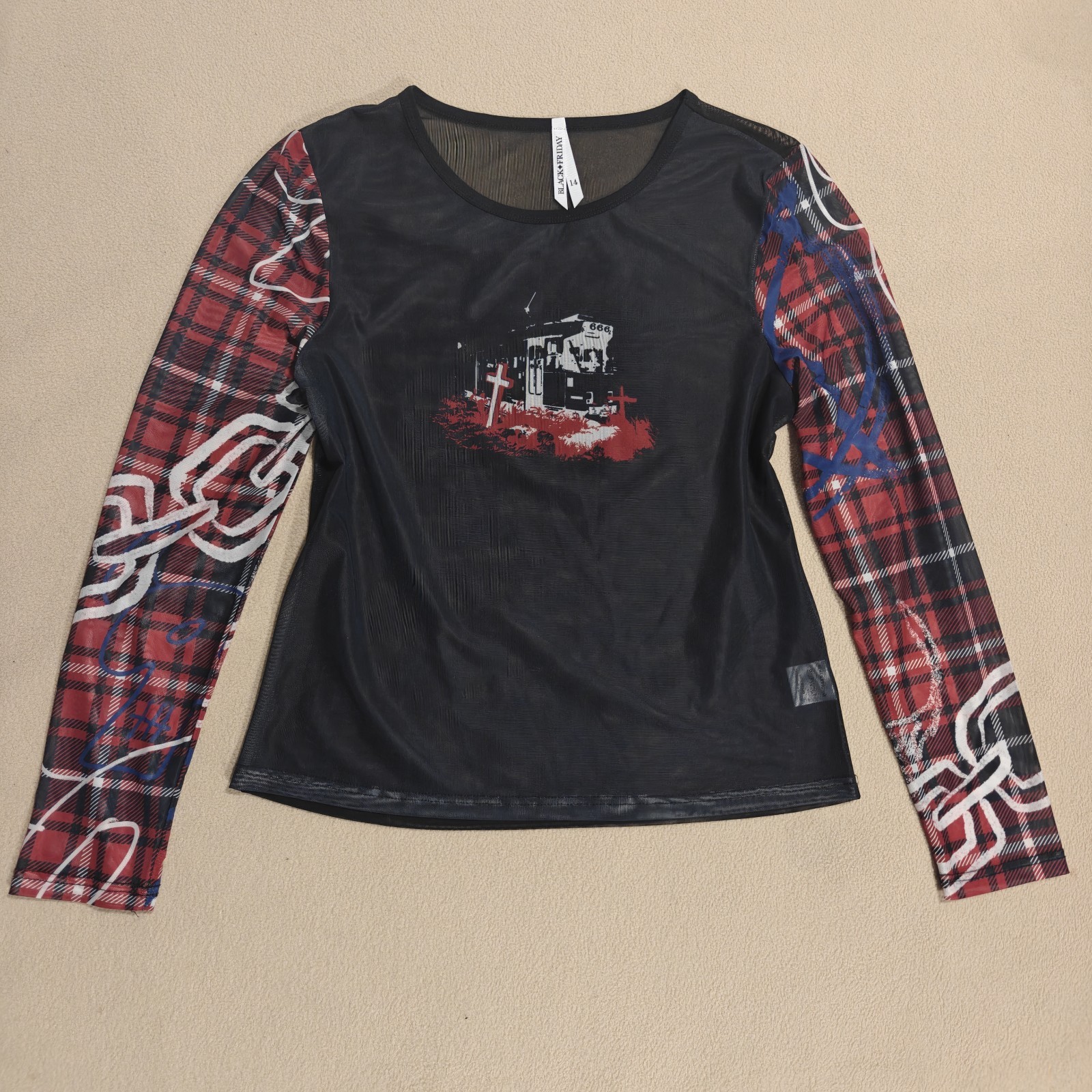 Black Friday Mesh Graphic Long Sleeve Top Plaid Graffiti Punk Goth Size 14