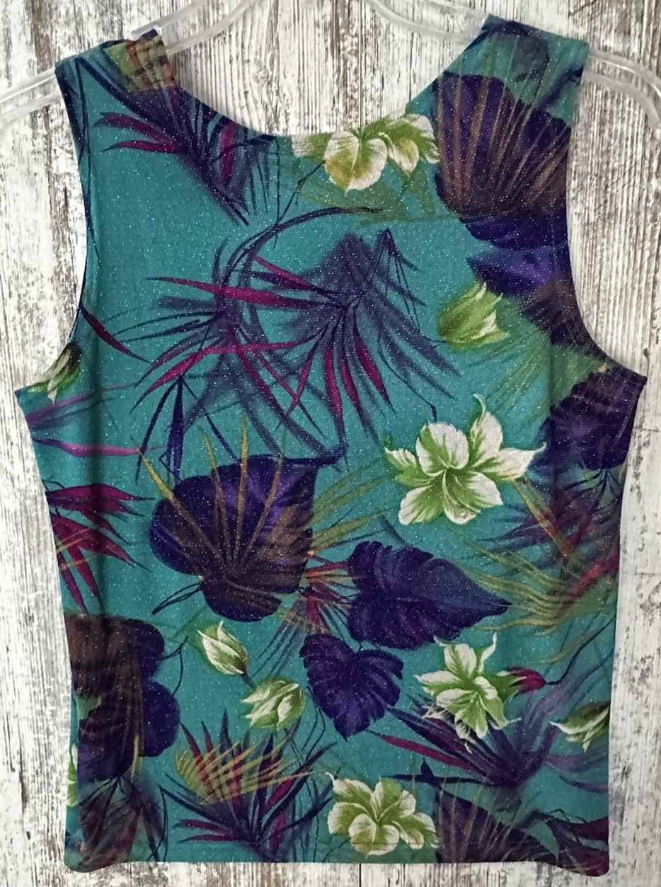 ERIN LONDON Women’s Sz M Colorful Tropical Patten Stretch Glitter Sleeveless Top