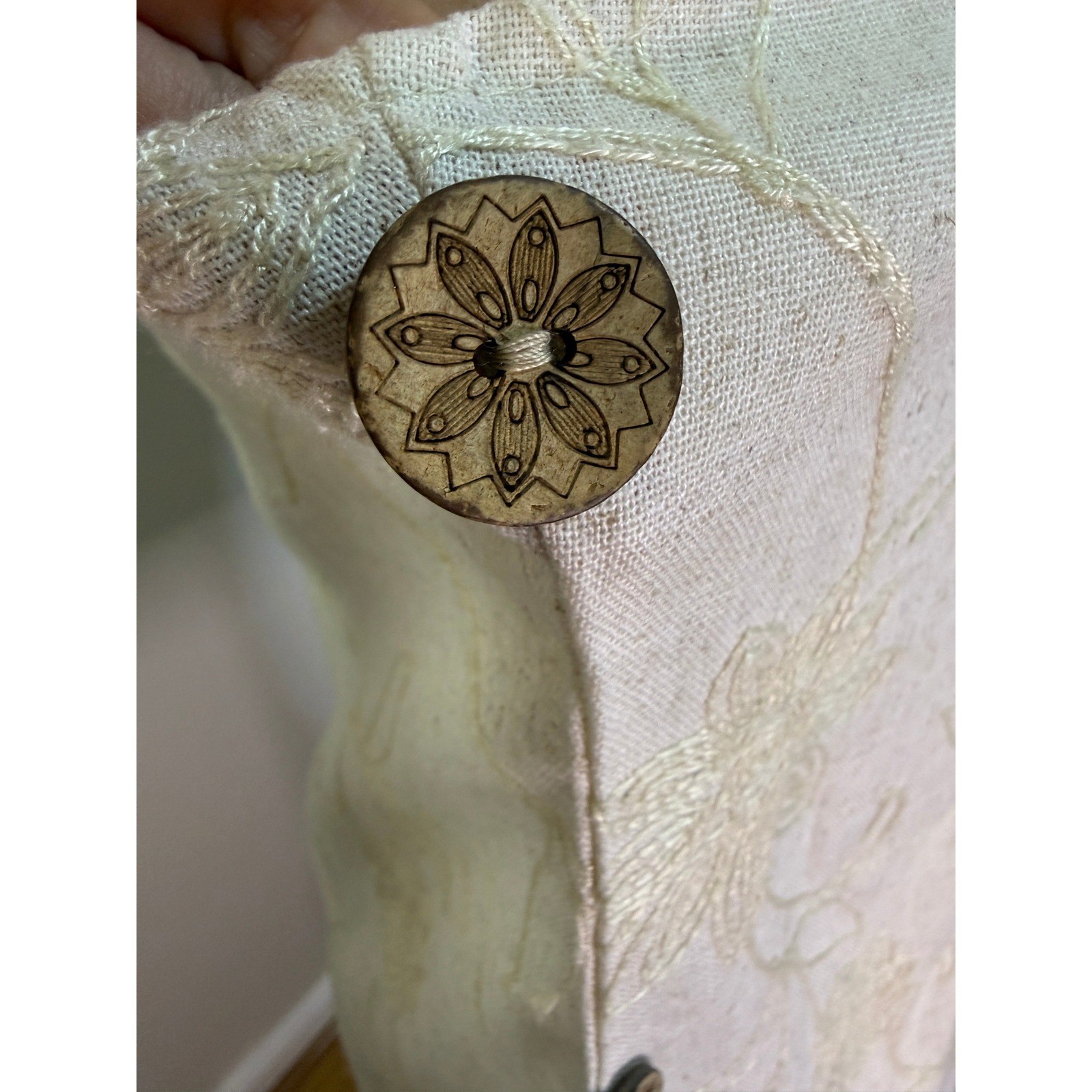 Pure Line Linen Embroidered V-Neck Top Women M Beige Side Button Shabby Chic
