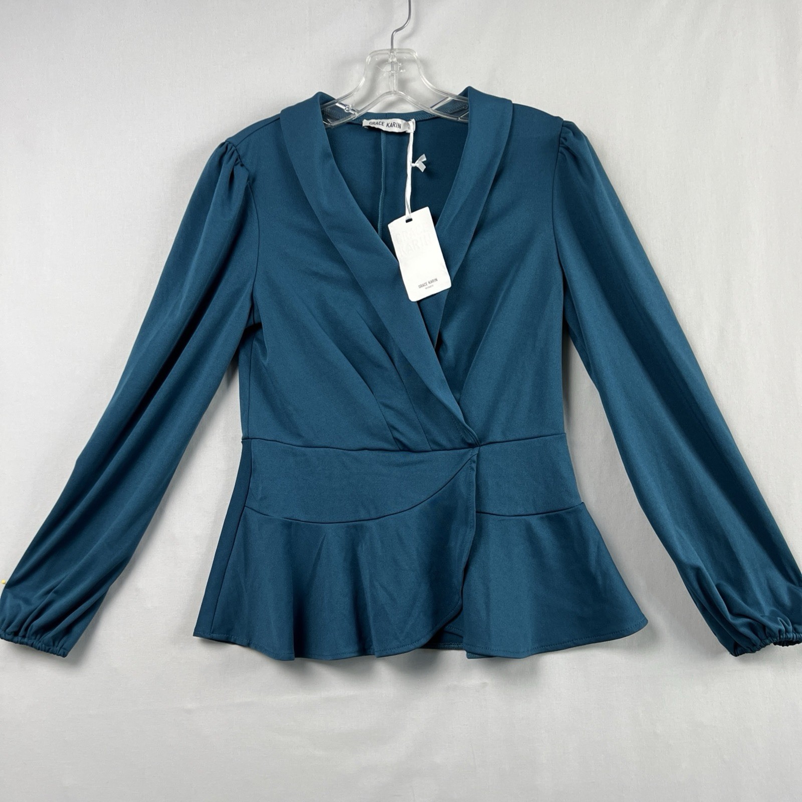 Grace Karin Faux Wrap Blouse Womens Small Dark Teal Peplum Top Dressy New