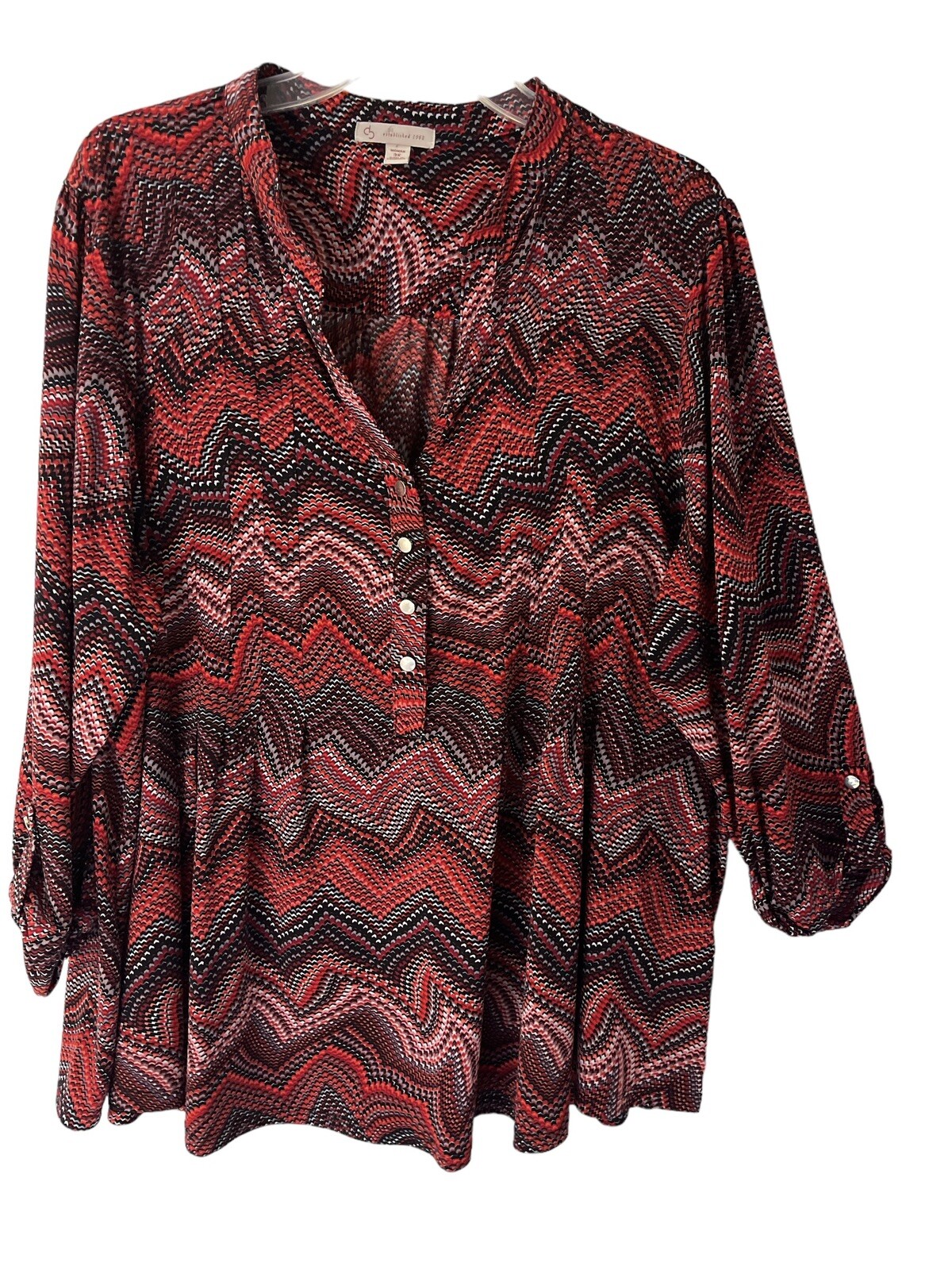 Est 1962 Top Womens 3X Red Stretch Knit Pintucked Popover Tunic V Neck Blouse