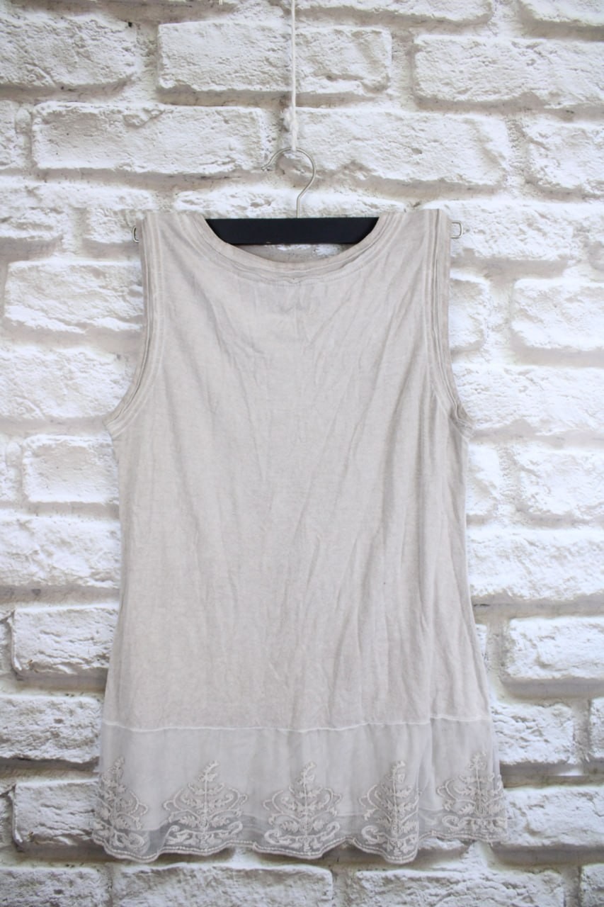 Elisa Cavaletti Bottega Beige Solid Scoop Neck Sleeveless Lace Hem Tank Size L