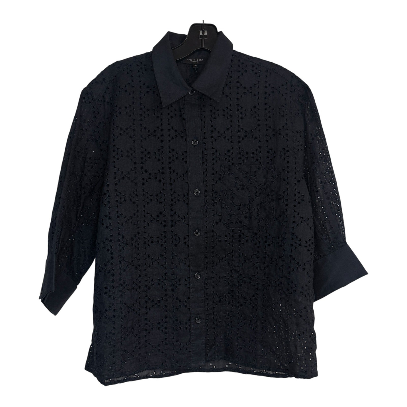 Rag & Bone Lucia Embroidered Black Eyelet Button Down Shirt 3/4 Sleeve Women S/P