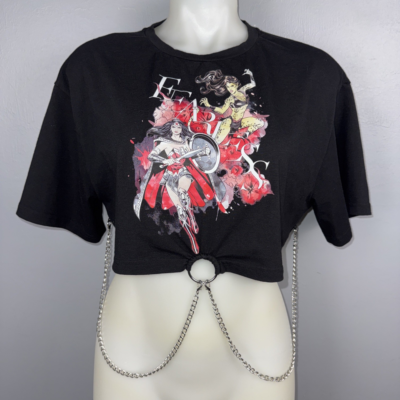 DC Women Core X SHEIN T-Shirt Womens L Black Wonder Woman Cropped & Chains