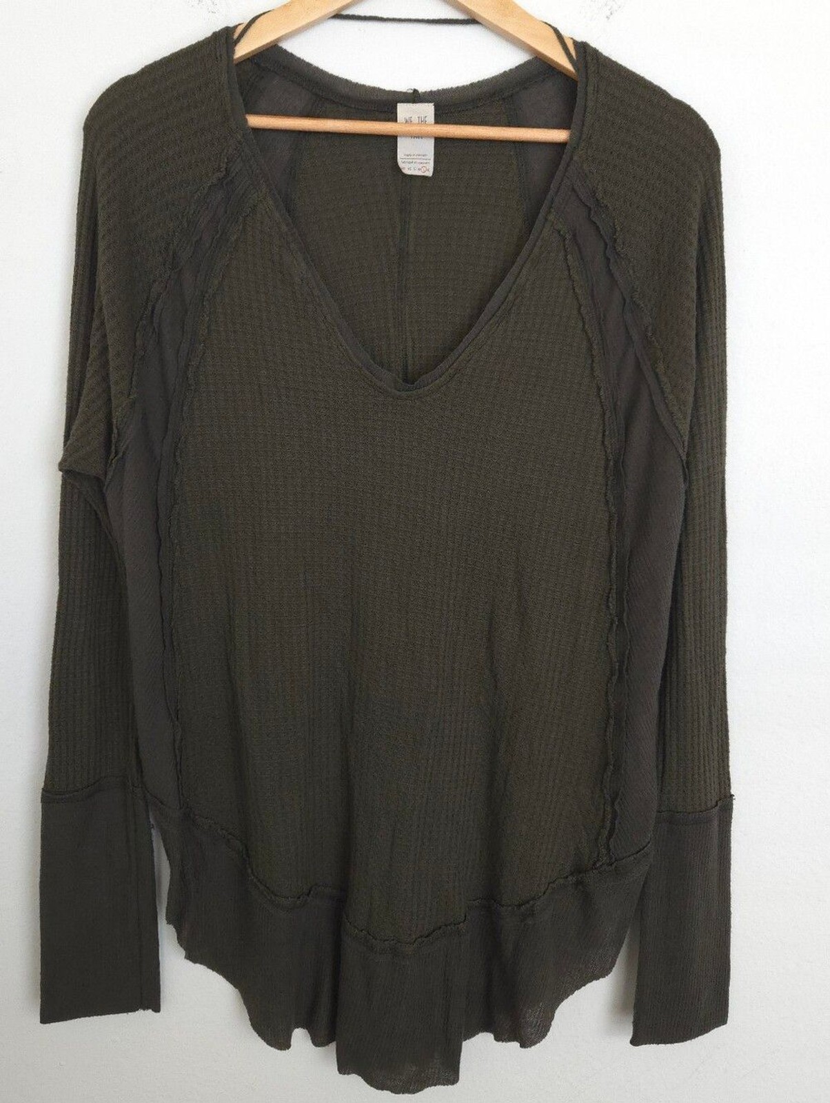 We The Free Catalina Waffle Thermal Boho Olive V-Neck Long Sleeve Top L