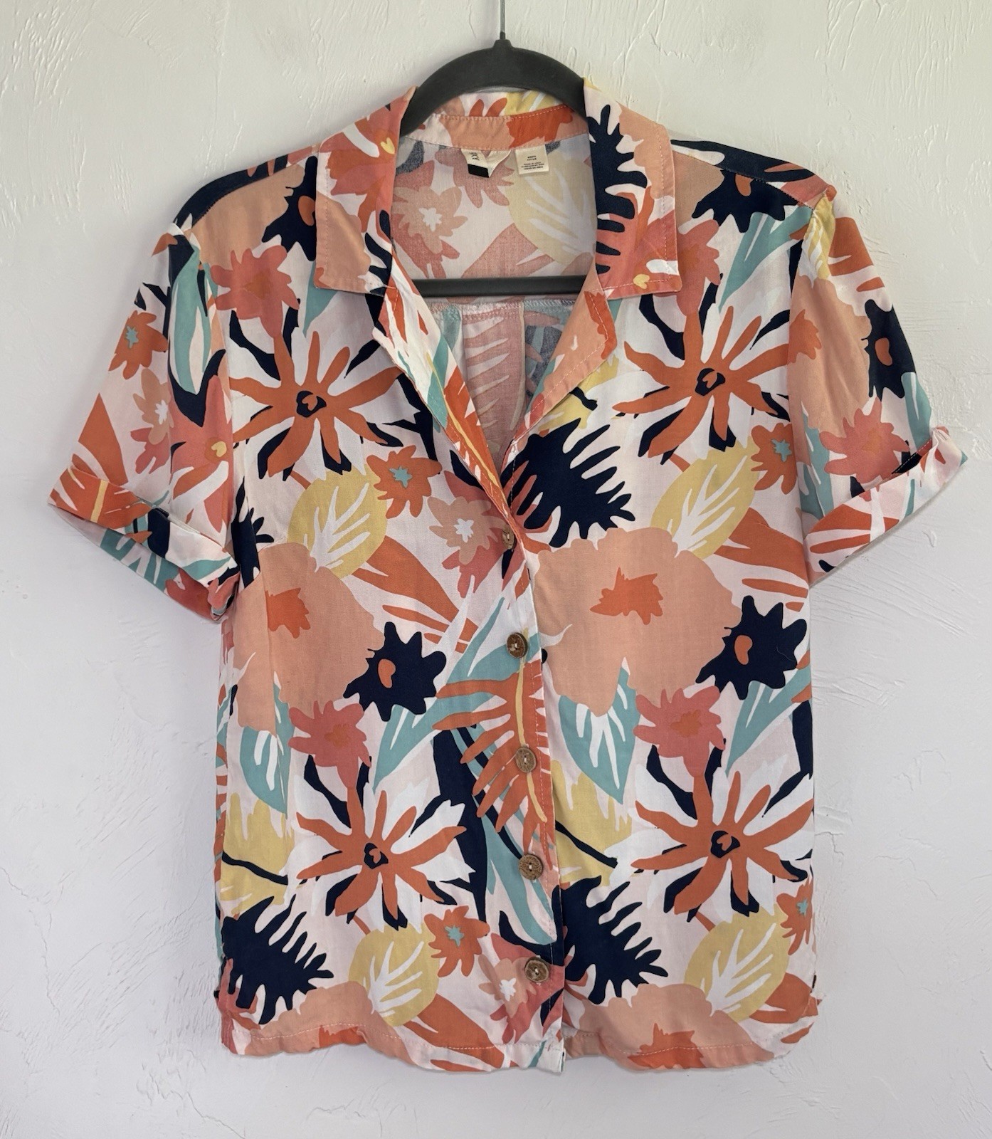 Roxy S Multicolor Viscose Short Sleeve Tropical Hawaiian Button Up Beach Shirt