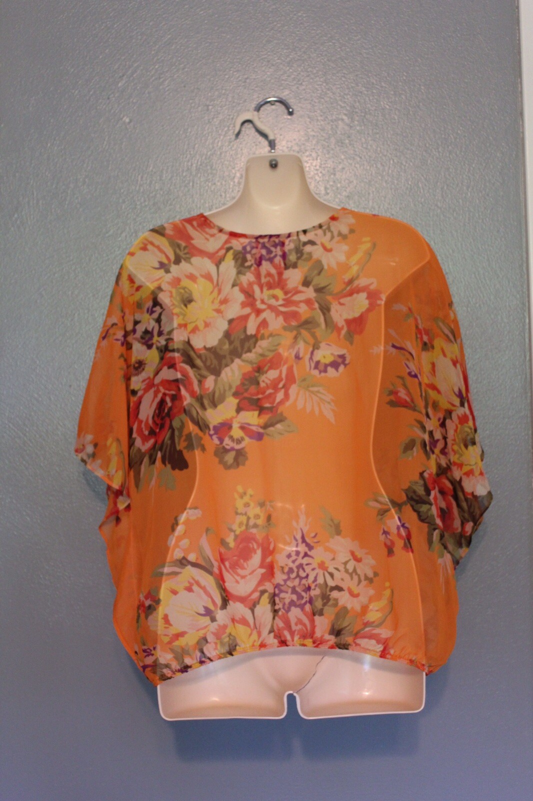 Free People Orange Floral Sheer Genius Top Small Elastic Waist Beaded