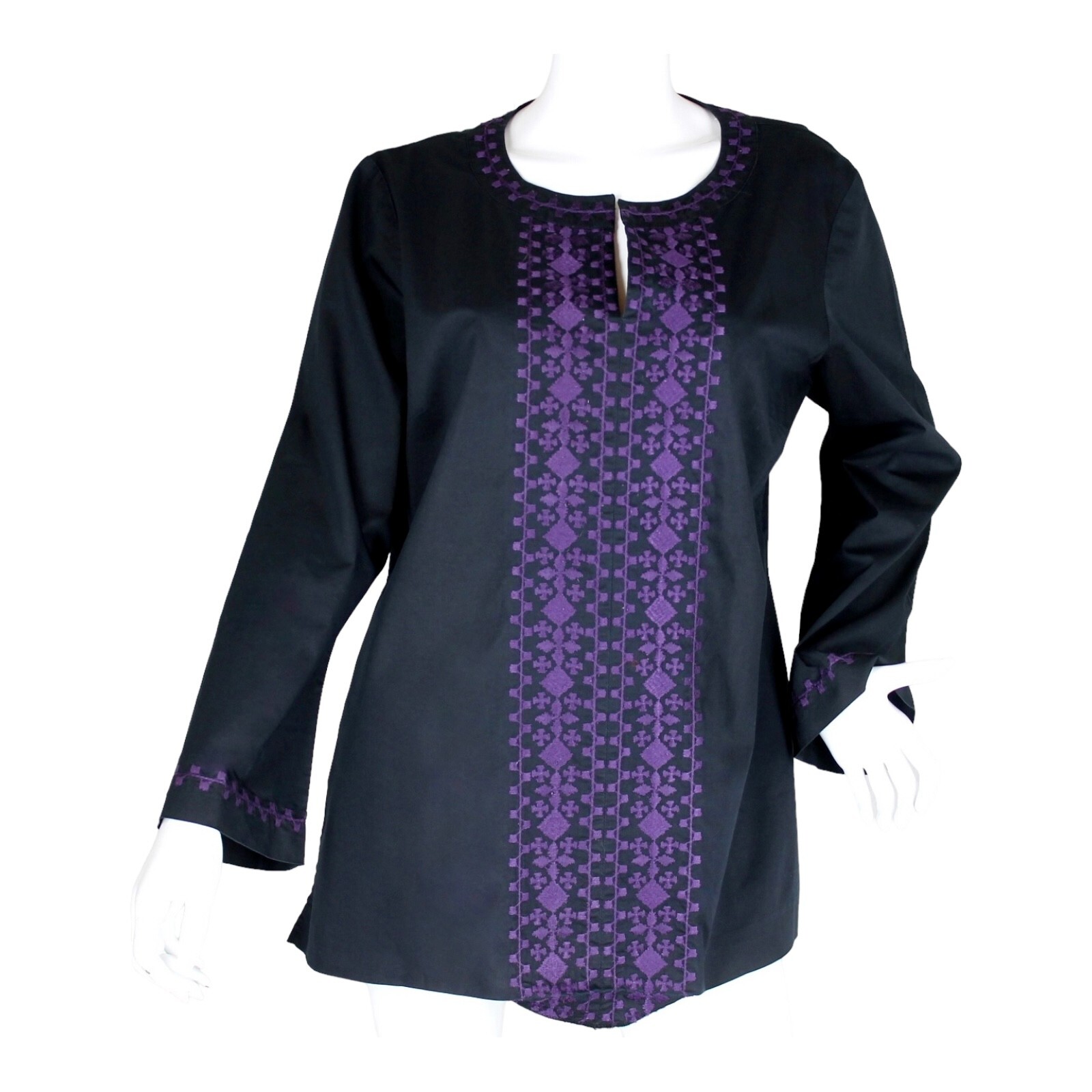 {DANA BUCHMAN} Tunic/Shirt/Top Black w/ Purple Embroidery Cotton Blend Summer ~L