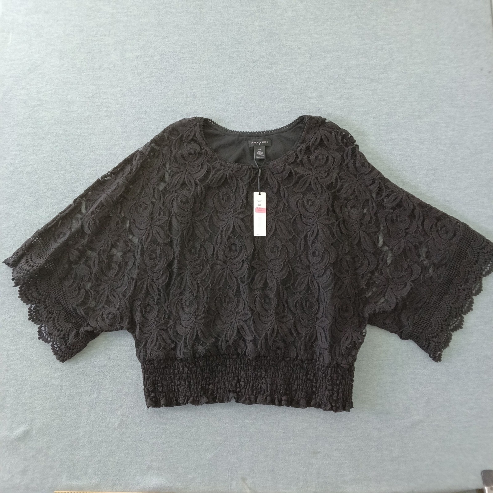 Investments II Womens 2X Black Floral Rose Lace Smocked Hem Dolman Top NWT