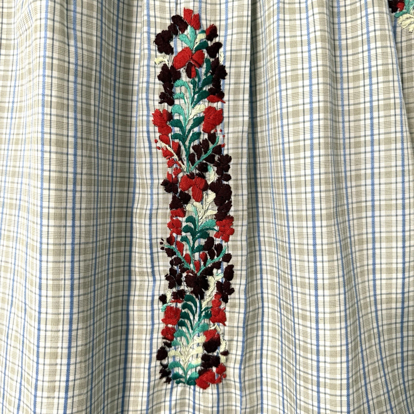 Mi Golondrina Hand Embroidered Tunic Top Blouse Red Green Floral Plaid S Mexico
