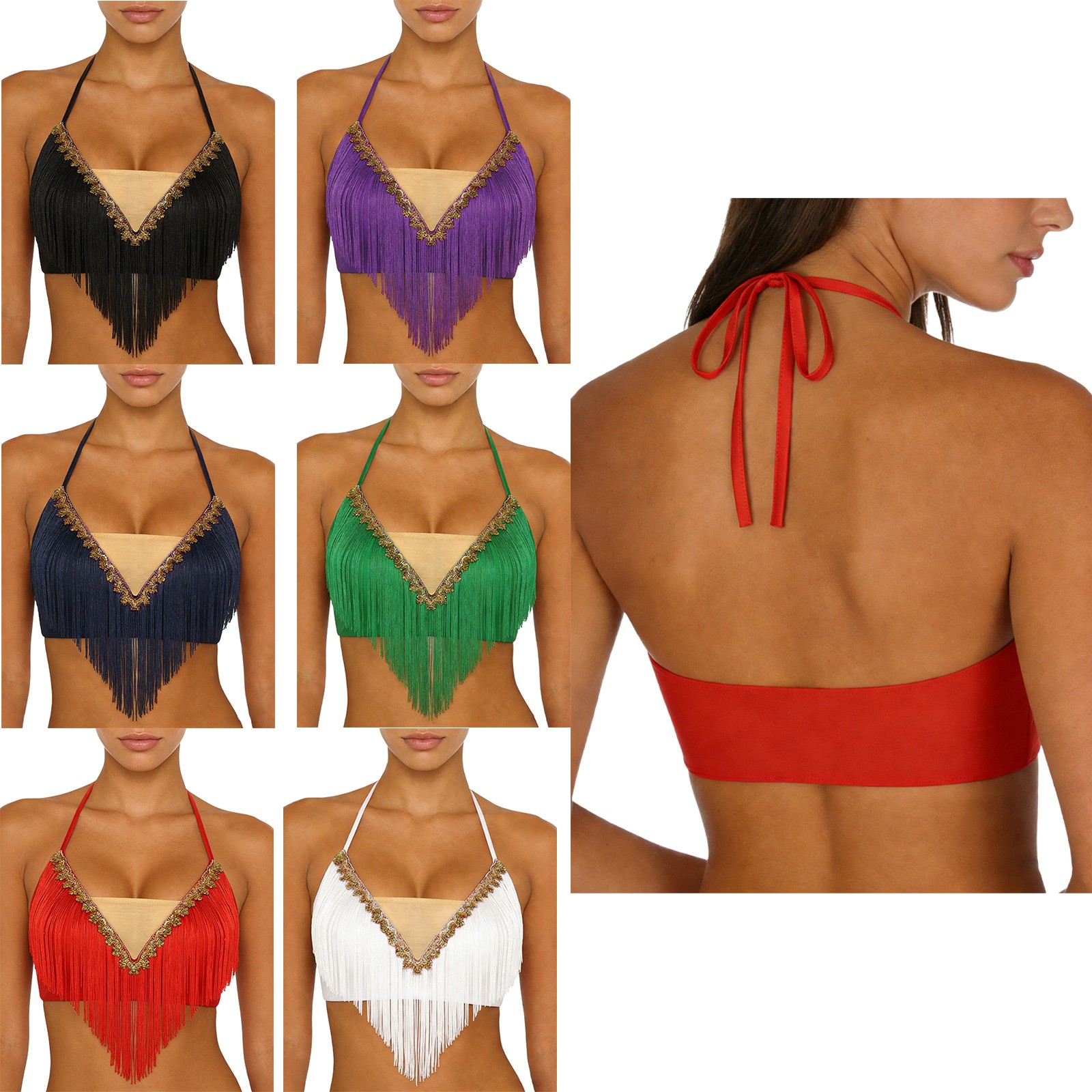 US YiZYiF Women Belly Dance Crop Top Halter Neck Tassel Bra Belly Dancer Costume