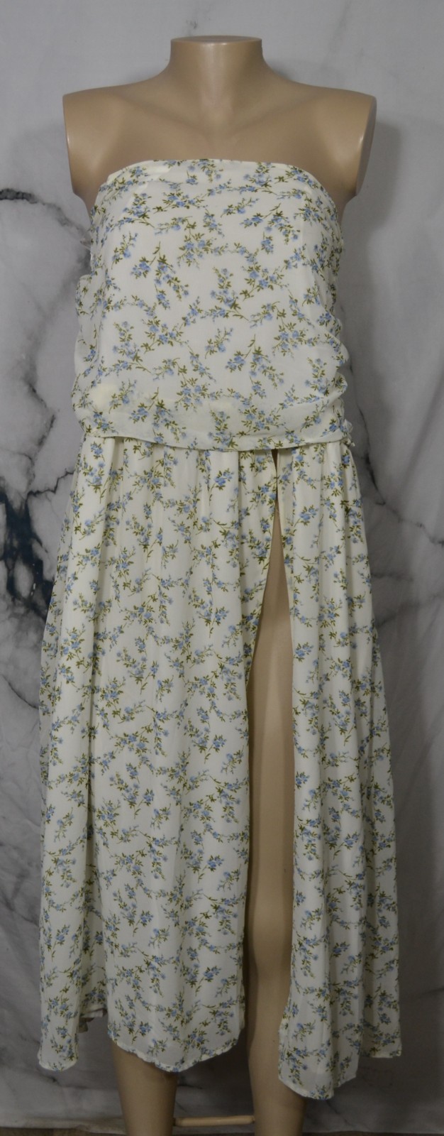 HELLO MOLLY White Blue Green Floral Print Long Strapless Top Skirt Small Lined