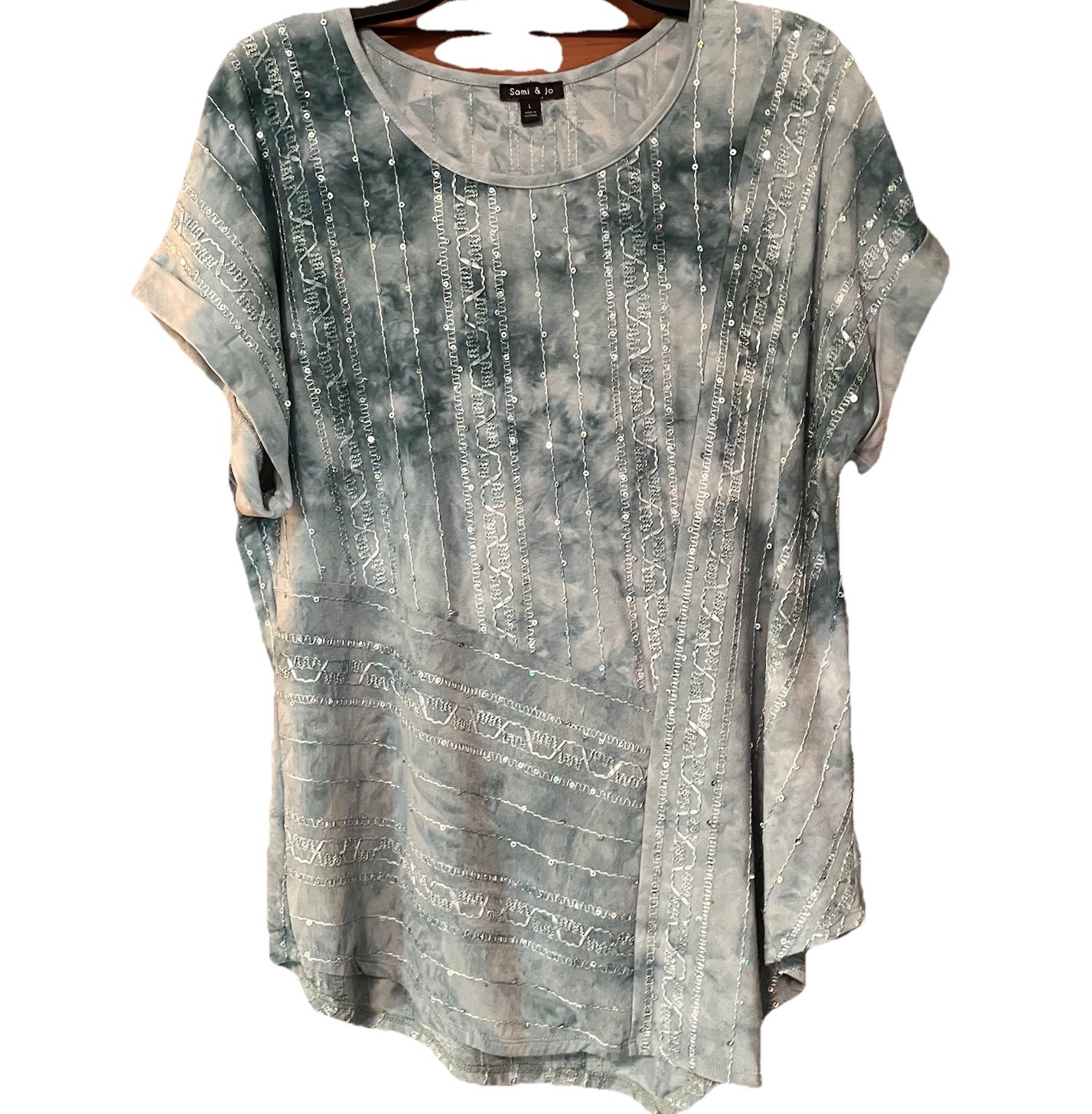 Sami & Jo Blouse Woman’s Large Sage Green Sequins Textured Fairy Boho Festival
