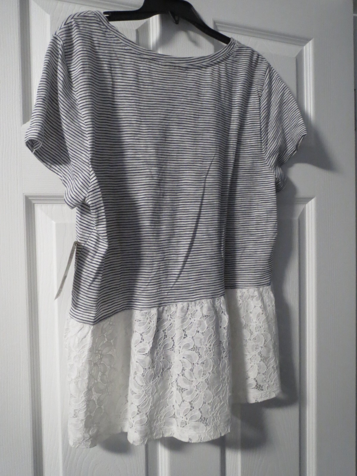 Maison Jules Black & White Striped~Lace Ruffle Short Sleeve T-Shirt Top, sz L