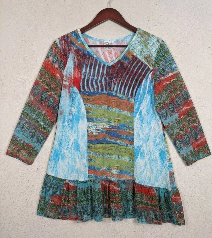Parsley & Sage Top Womens 1X Artsy Art to Wear Mixed Print Asymmetrical