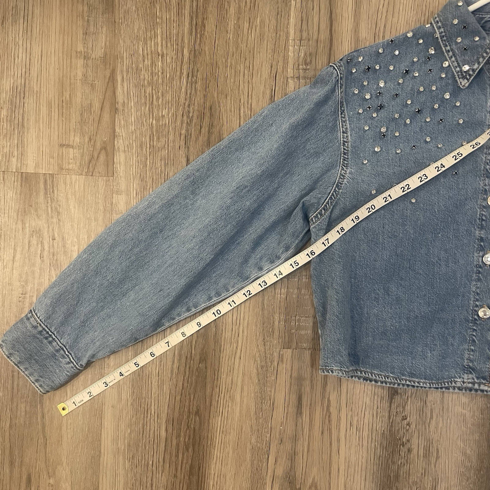 NWT ZARA Jeweled Rhinestone Cropped Denim Jean Shirt Bedazzled Button Front M