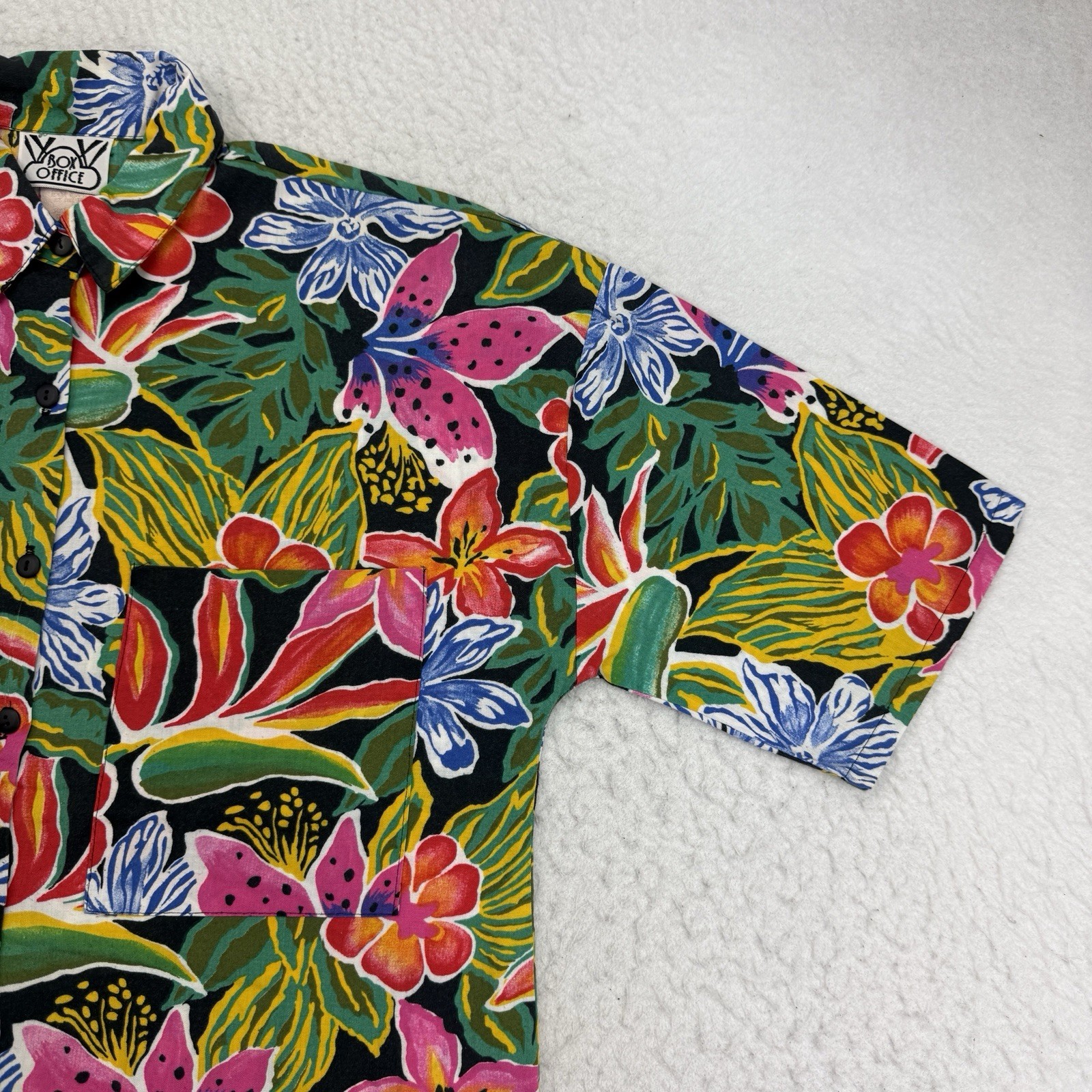Vintage Aloha Hawaiian Shirt Womens Medium M Green Pink Floral Box Office