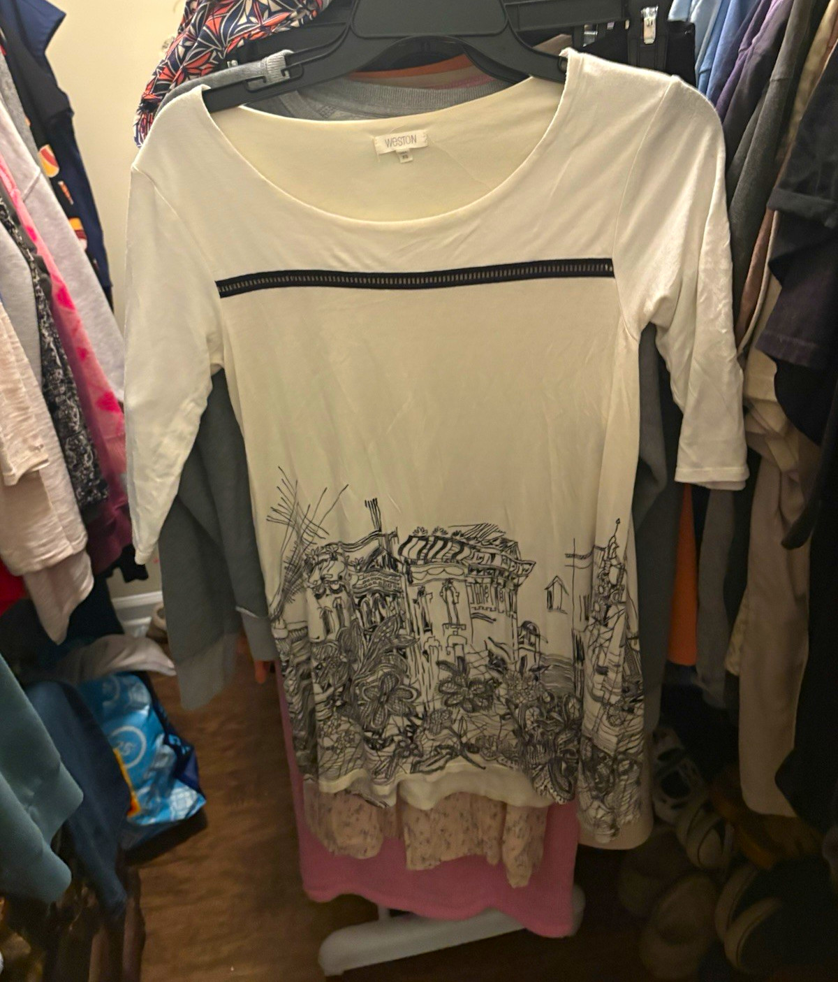 Weston Women’s White Graphic Print Scoop Neck Top, 3/4 Sleeve, Size XS