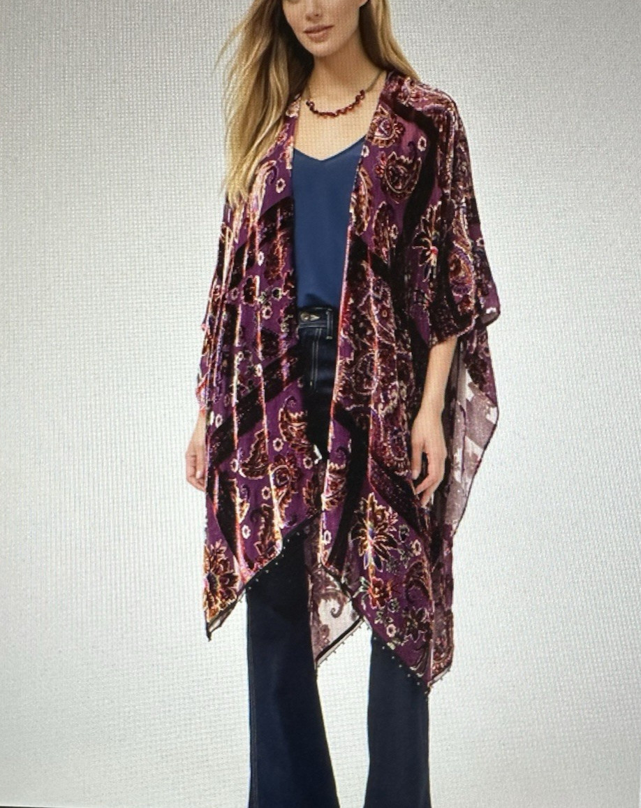 Johnny Was Domitila Burnout Velvet Shawl Wrap One Size Silk Rayon Beads NWT $255