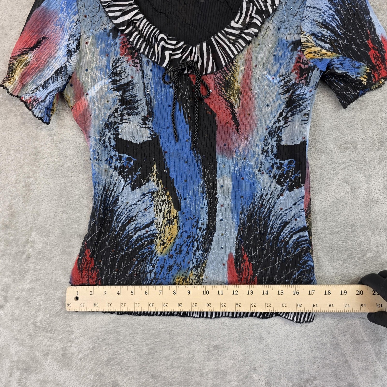 Alberto Makali Blouse Womens L Multi Scoop Neck Ruffle Sequin Top Animal Print