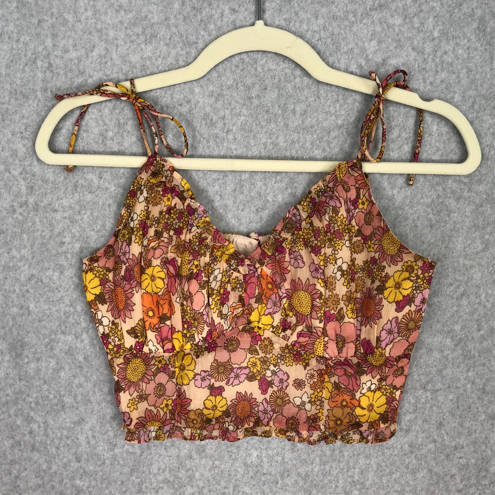 Patrons of Peace Crop Top Medium Orange Tank Bloom Ruffle Boho Western Tie Bow