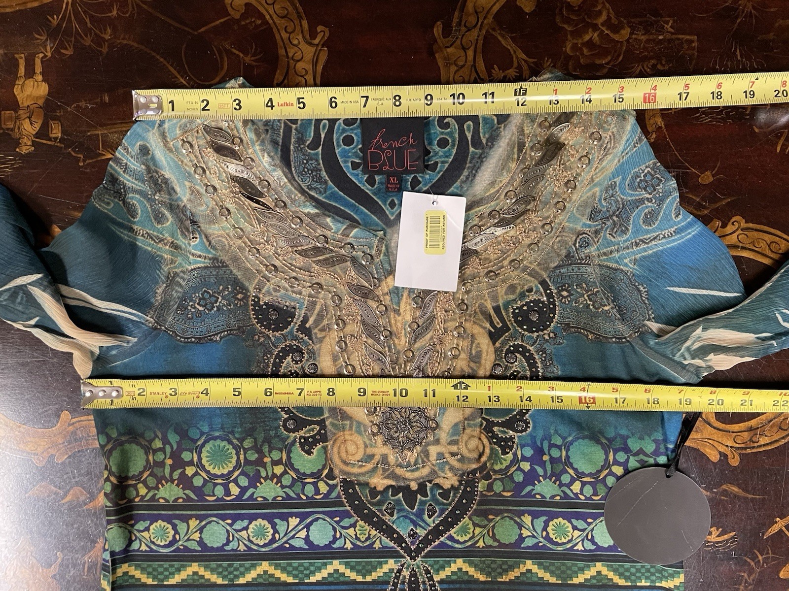 Blue Green Gold Beaded Embroidered Paisley Sheer Sleeve Tunic Festival Fairy XL