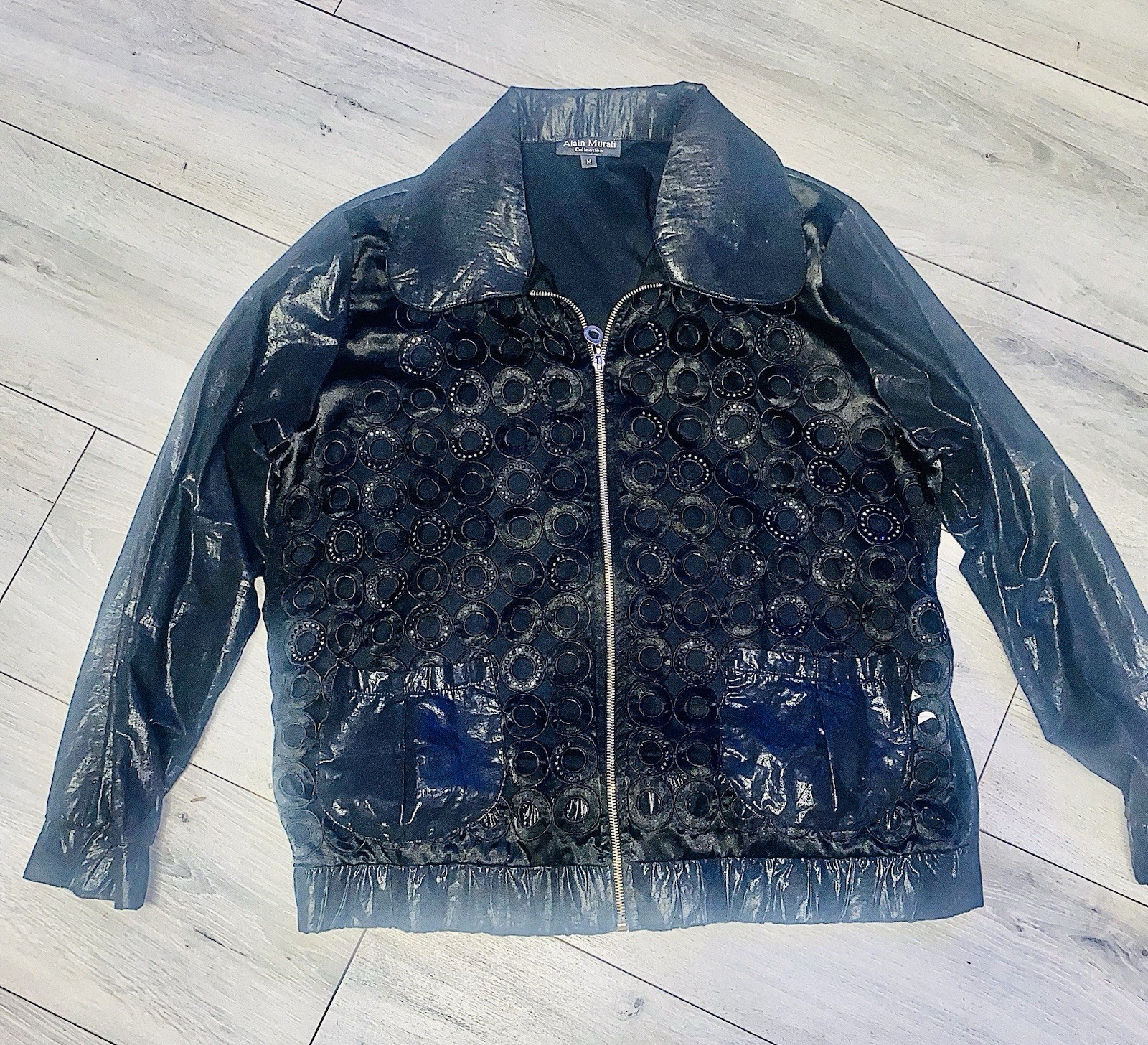 Vintage Alain Murati Paris Openwork Circles Black Glossy Patent Zip Up Top Sz M