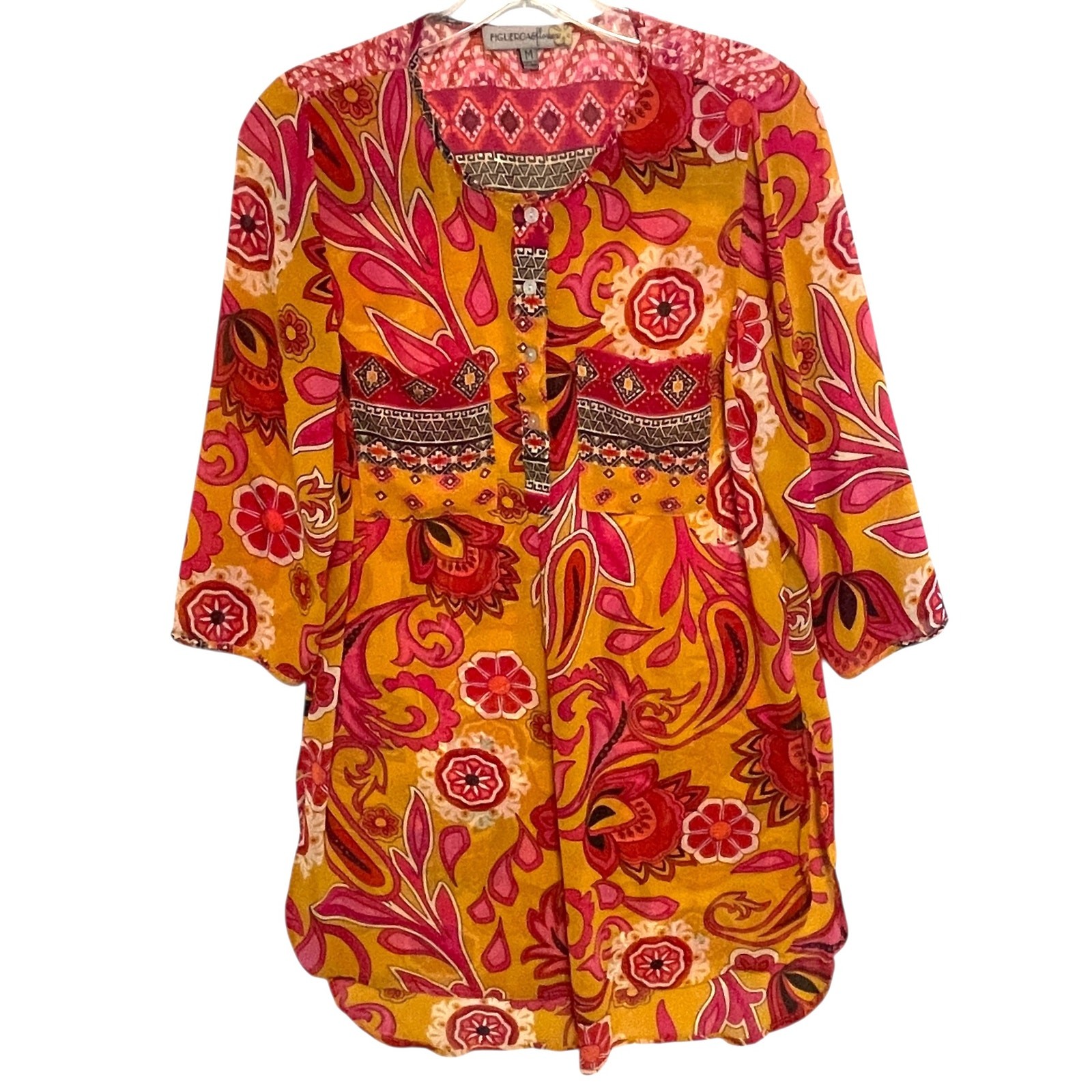 Figueroa & Flower Retro Boho Top Womens Medium Yellow Pink Paisley 70s Inspired