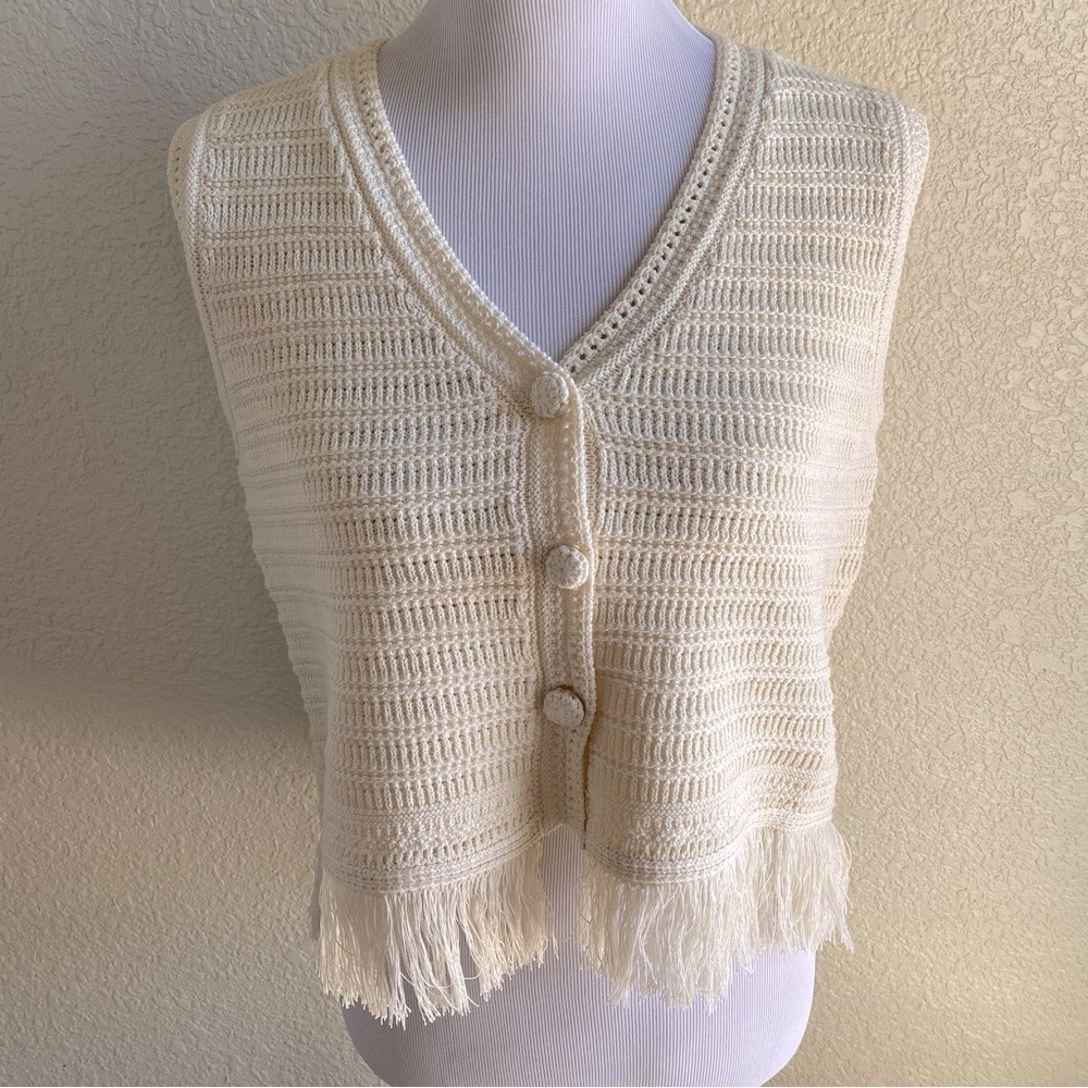 Lalavon Knit Sleeveless Crochet Top Tasseled Fringe Hem Cream Button Down: Large