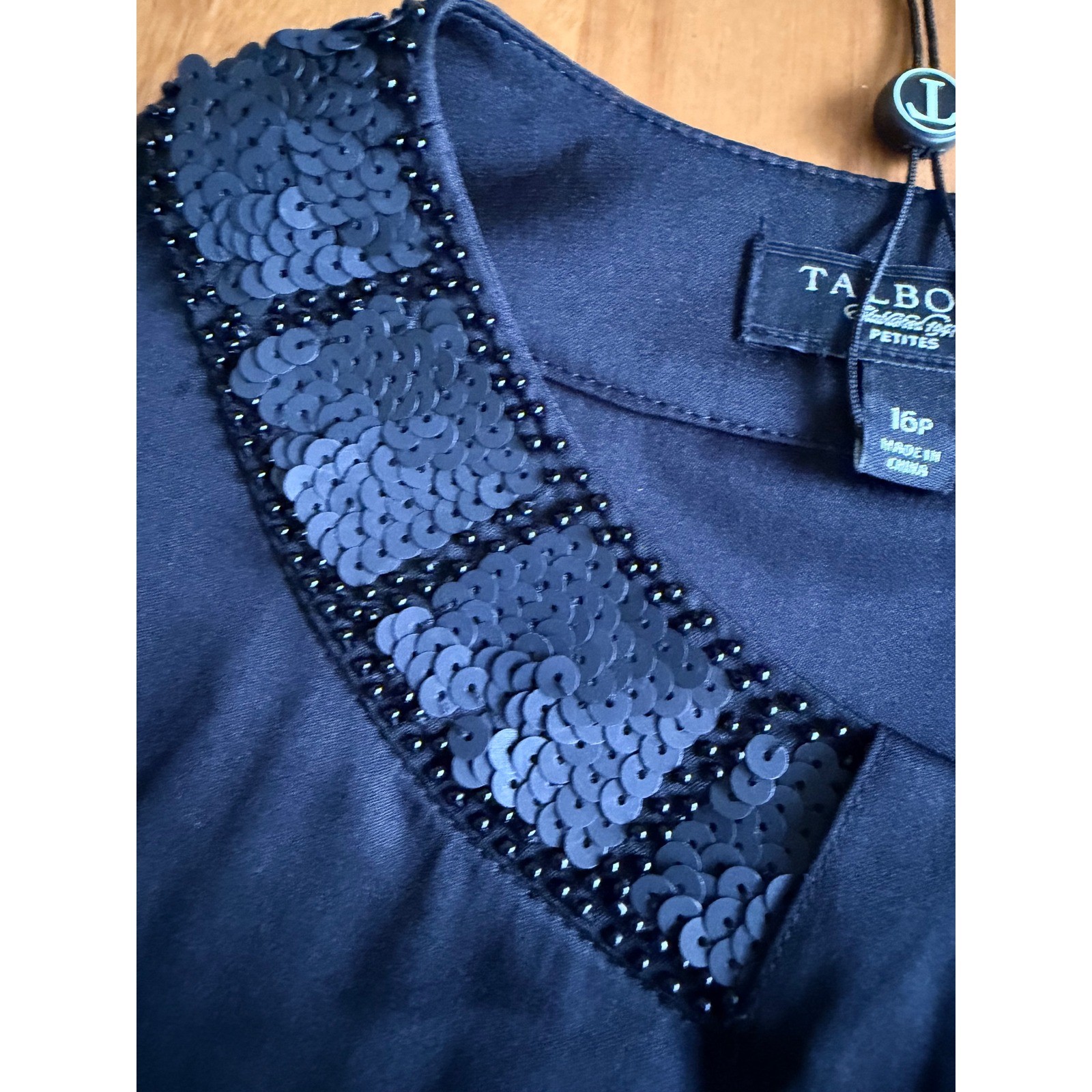 Talbots Petites Black Sequin Neckline Pleated Blouse 16P NWT Holiday Party