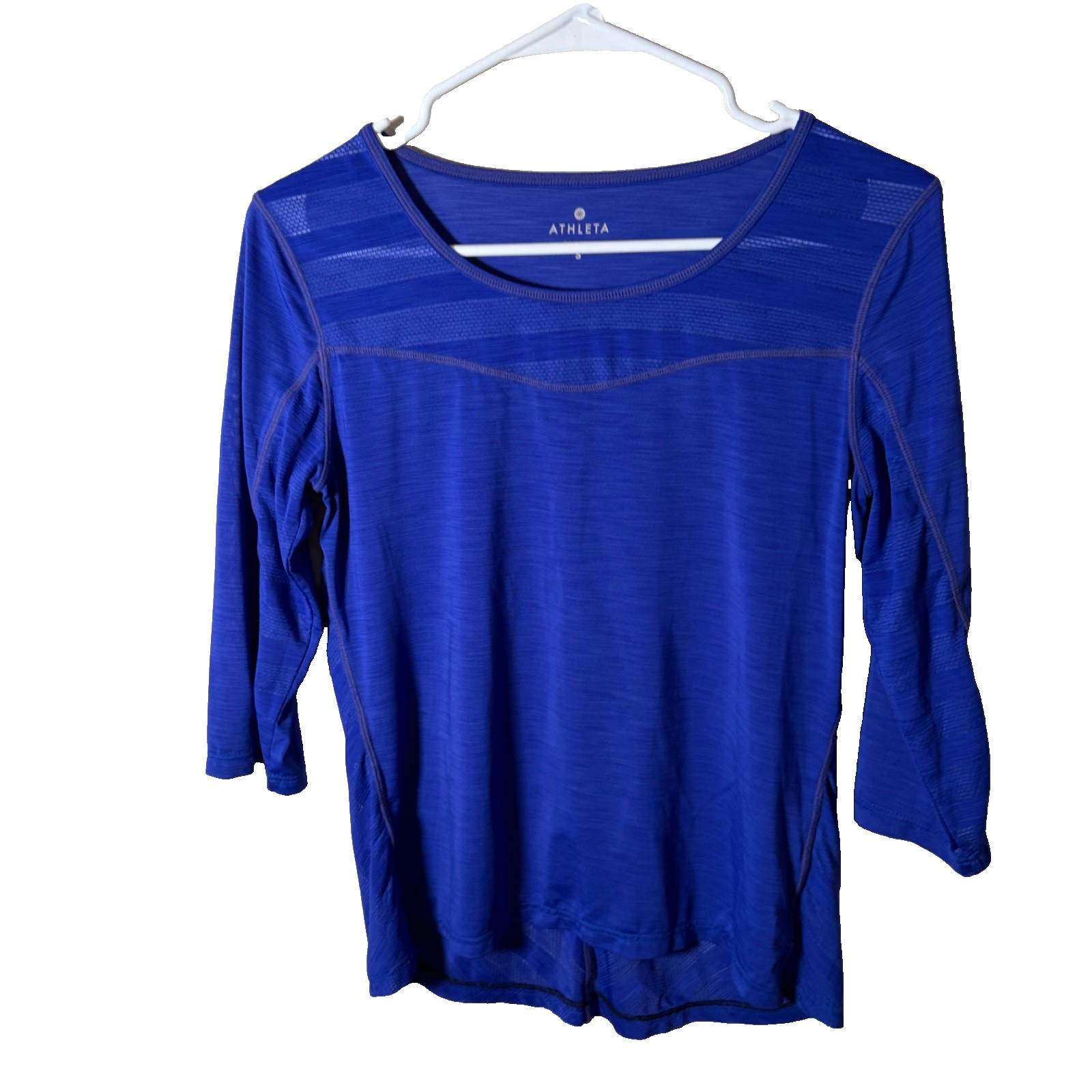 Athleta T-Shirt Women’s Small Blue Mesh Sheer 3/4 Sleeve Lightweight Top Active