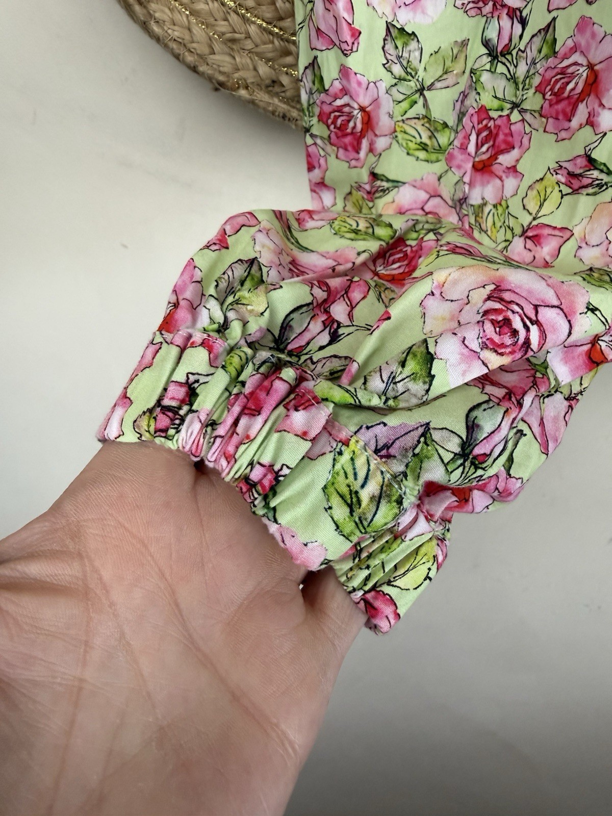 Joe Browns Floral Milk Maid Blouse UK10-12 Green Pink Roses Puff Sleeves Cotton
