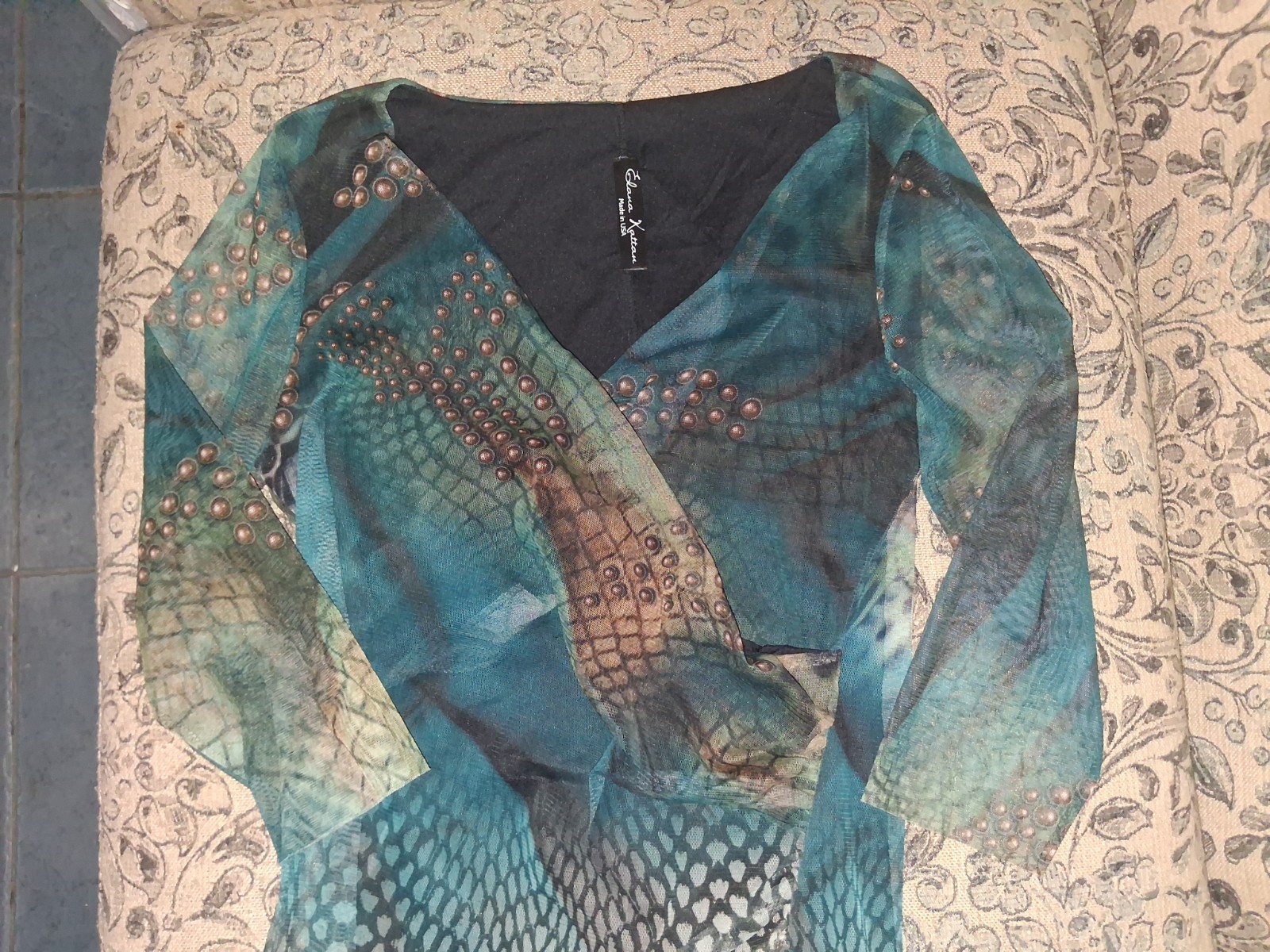 Elana Kattan Teal Animal Print Studded V-Neck Long Sleeve Short Bodycon Dress
