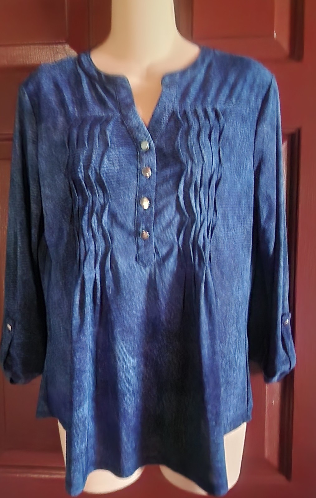 Cocomo Stretch Women’s Tunic Top Pintuck Pleats Roll Tab Sleeves Sz PM