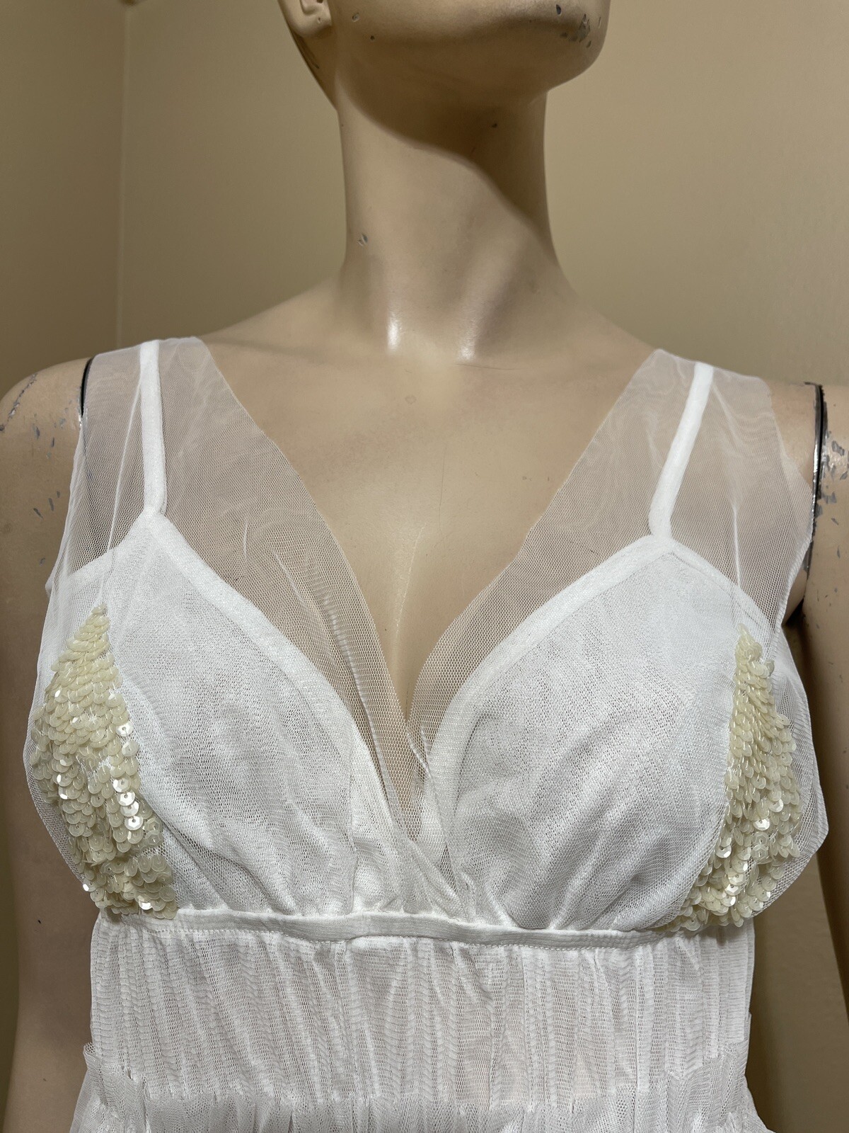 Women’s White Polyester Cocktail Layered Lace Beaded Pleated Size M Blouse Top