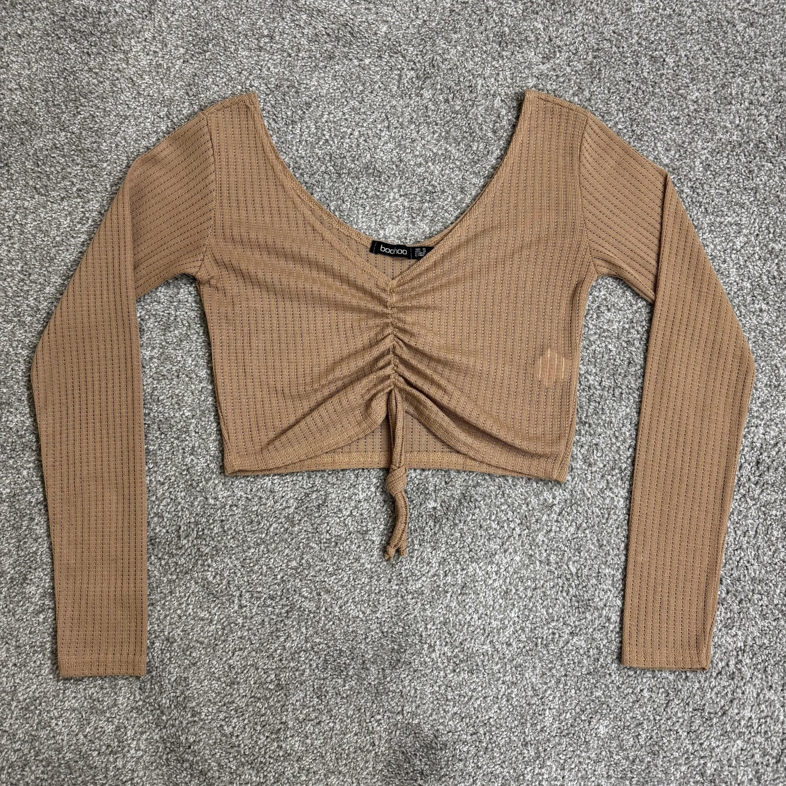 Boohoo Shirt Womens 4 Beige Ruched Long Sleeve Western Crop Top Boho Hippie