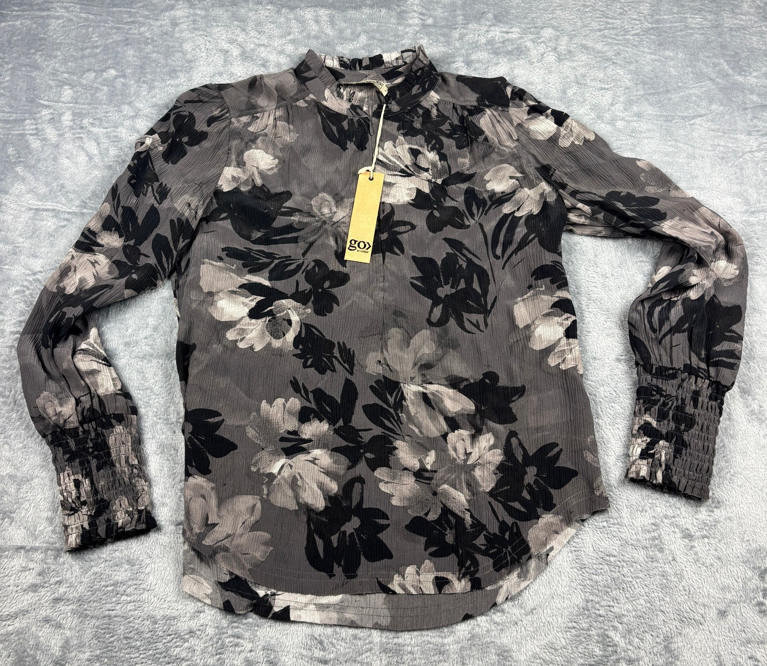 New $365 Go Silk Soft Spoken Up In Smoke LS Blouse Floral Charcoal Women Small S