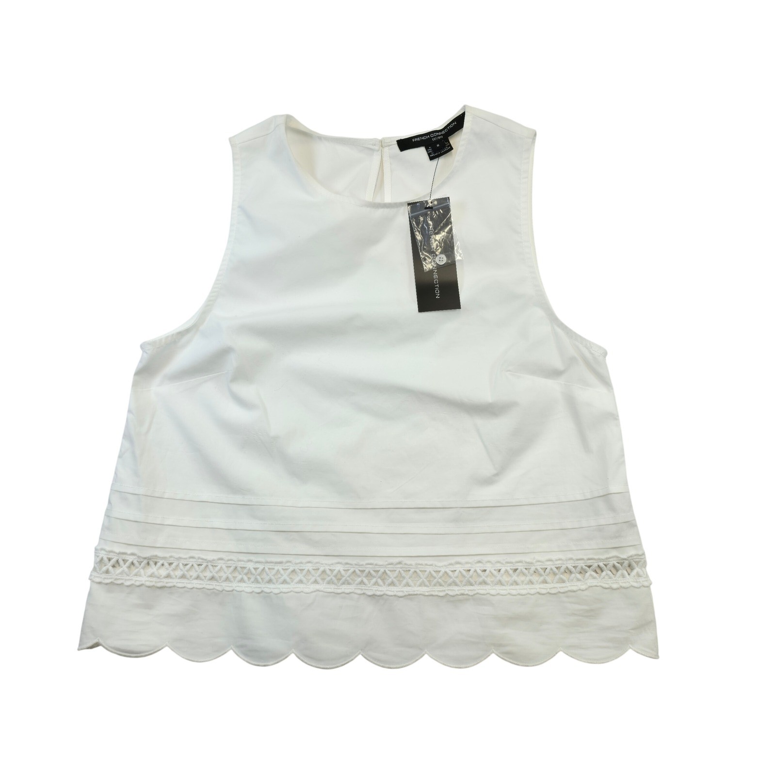 FRENCH CONNECTION White Cotton Scalloped Hem Eyelet Trim Crop Top Size S NWT