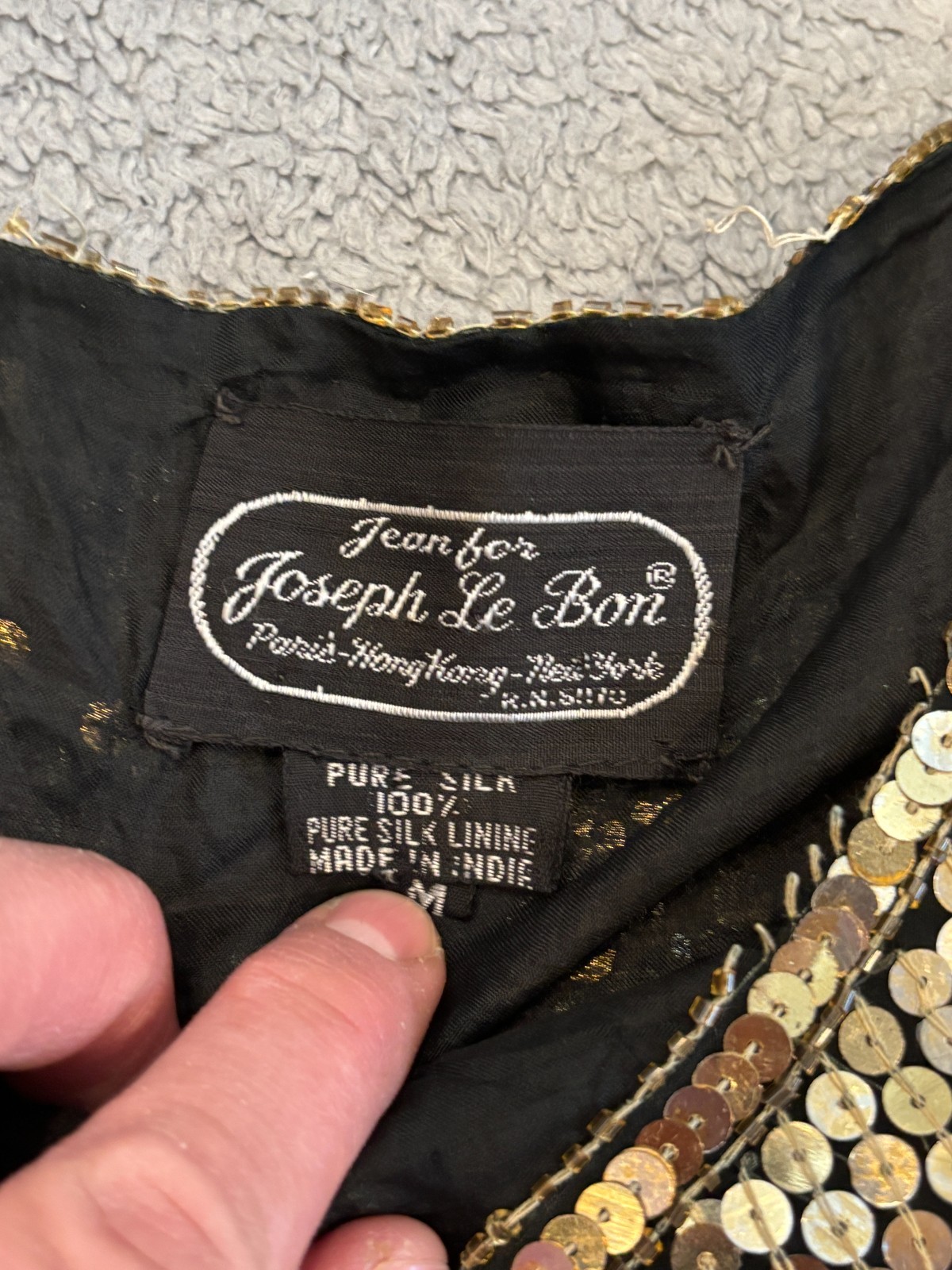 VTG Jean for Joseph Le Bon Silk Sequin Beaded Black Gold Formal Top- Size Medium