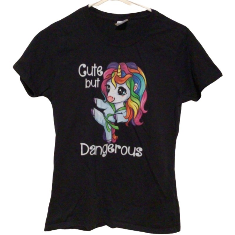 Port & Co Black Unicorn T-Shirt “Cute but Dangerous” Graphic Tee Women’s Sz S
