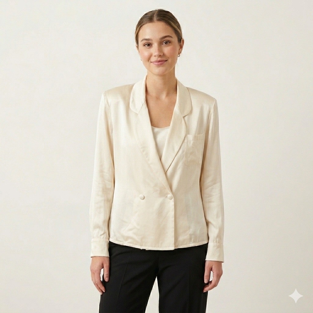 Casual Corner 100% Silk Double Breasted Shawl Collar Blouse Cream Vintage Sz 10