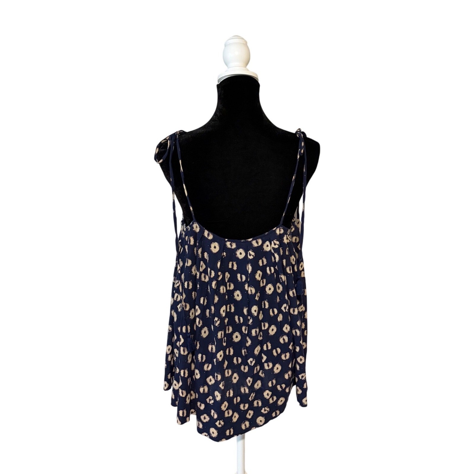 Free People Beach Dress M Navy Ikat Print Tie Strap Babydoll Mini Boho Tunic