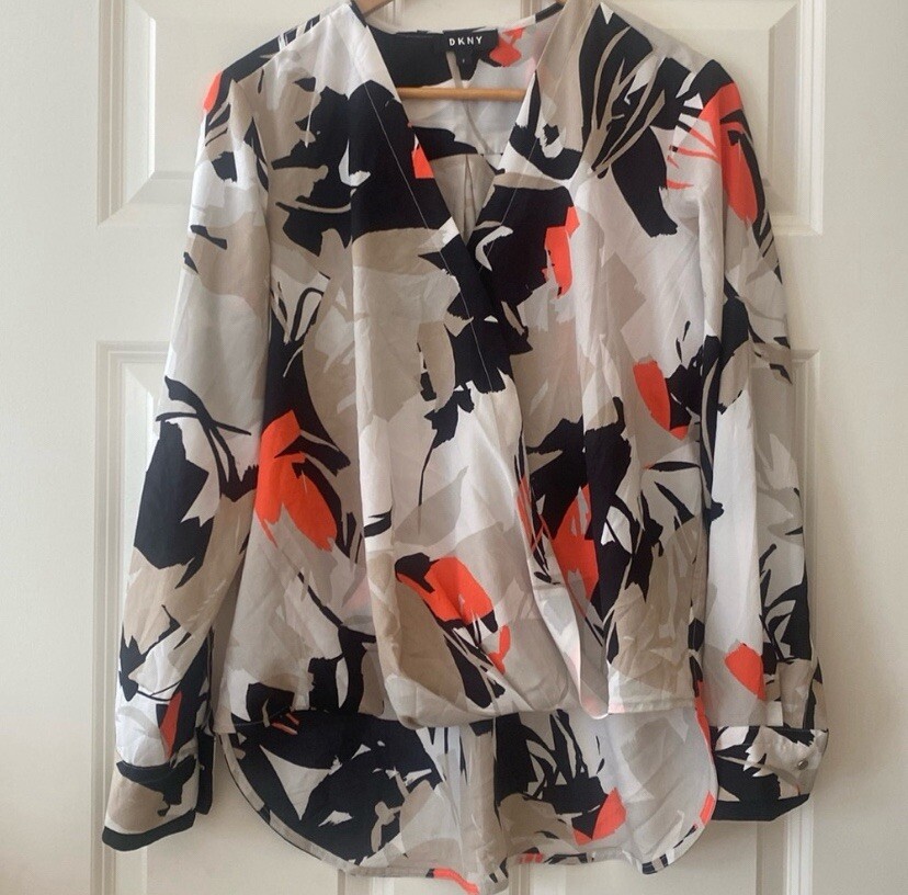DKNY Balloon Blouse Size S Abstract Print V-Neck Contemporary Art To Wear NYC