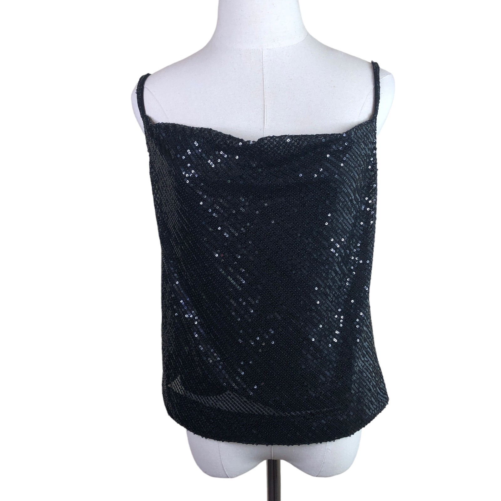 Nasty Gal Cami Top Womens 4 Black Sequin Cowl Neck Tank Adjustable Strap Lined