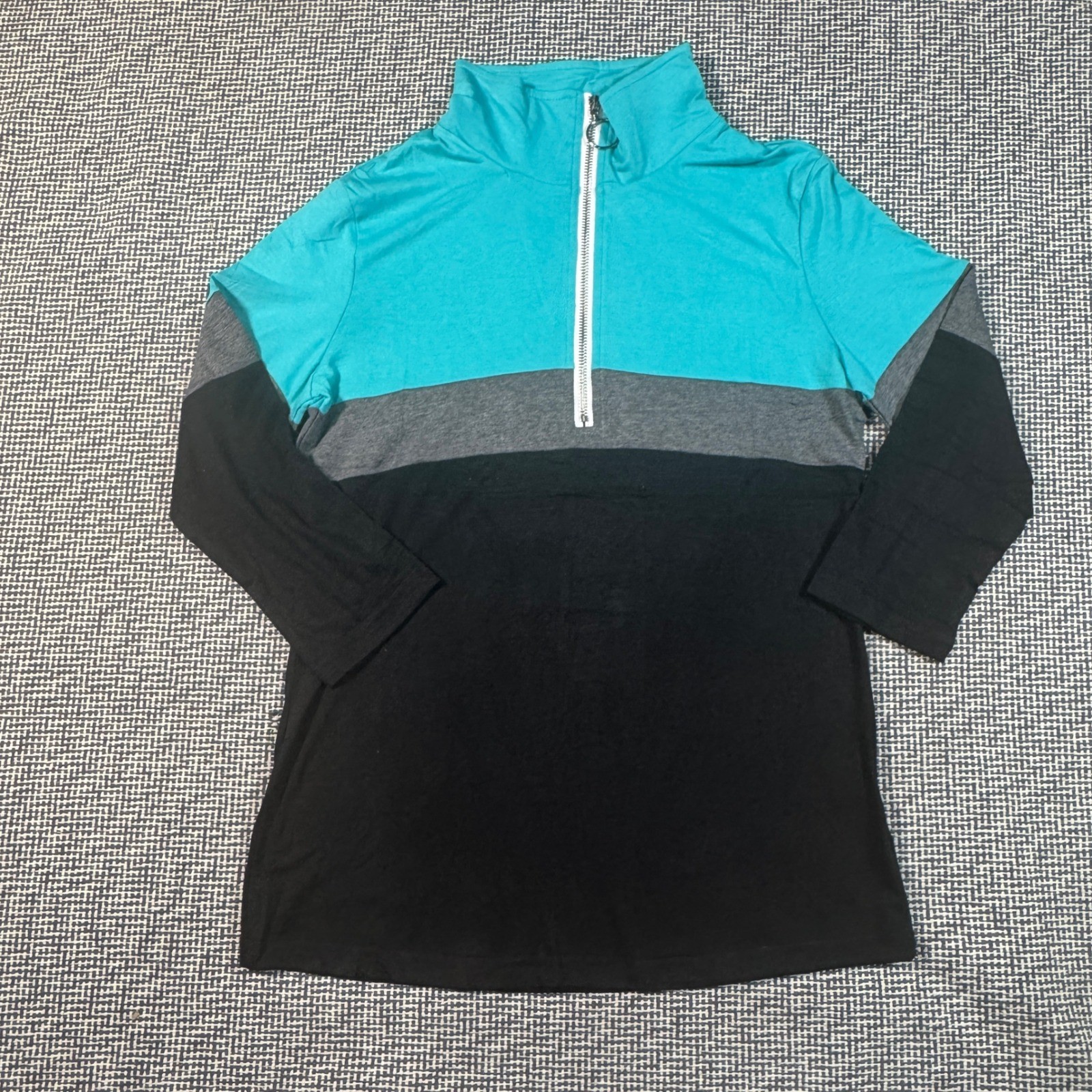 Womens Teal Grey Black Colorblock Quarter Zip Pullover 3/4Sleeve Top Ring Pull